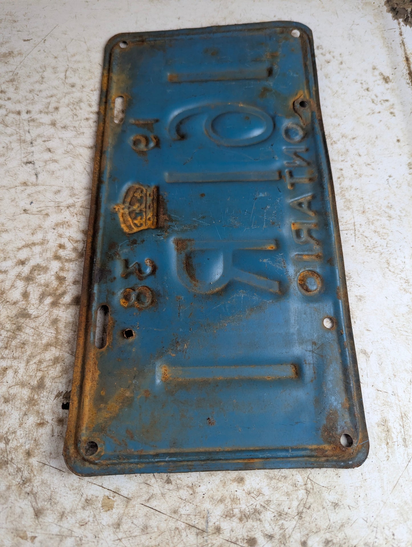 1938 Orange on Blue Ontario License Plate with Original Paint