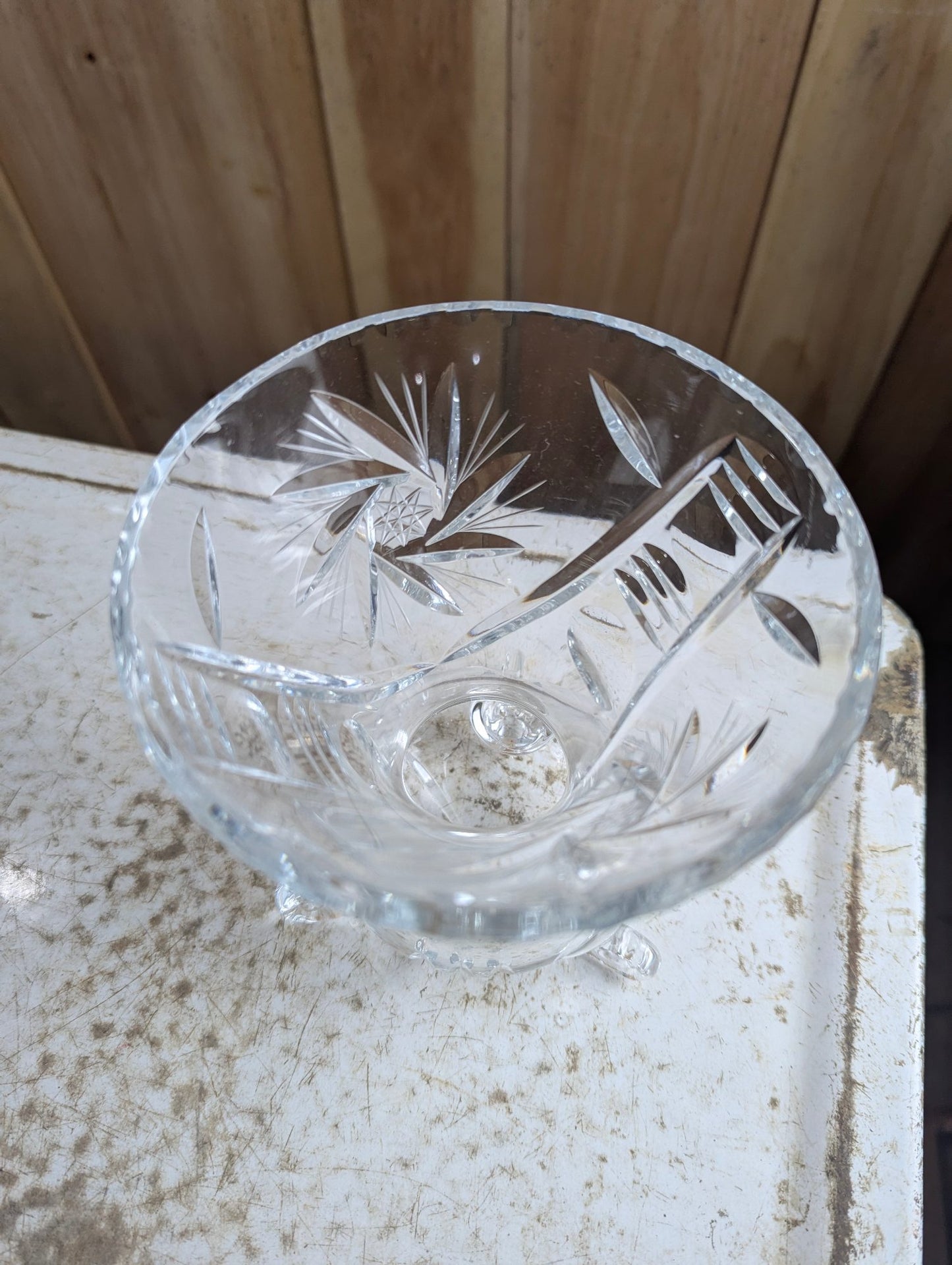 Vintage Bohemian Cut Crystal Tripod Vase - Crack on Rim