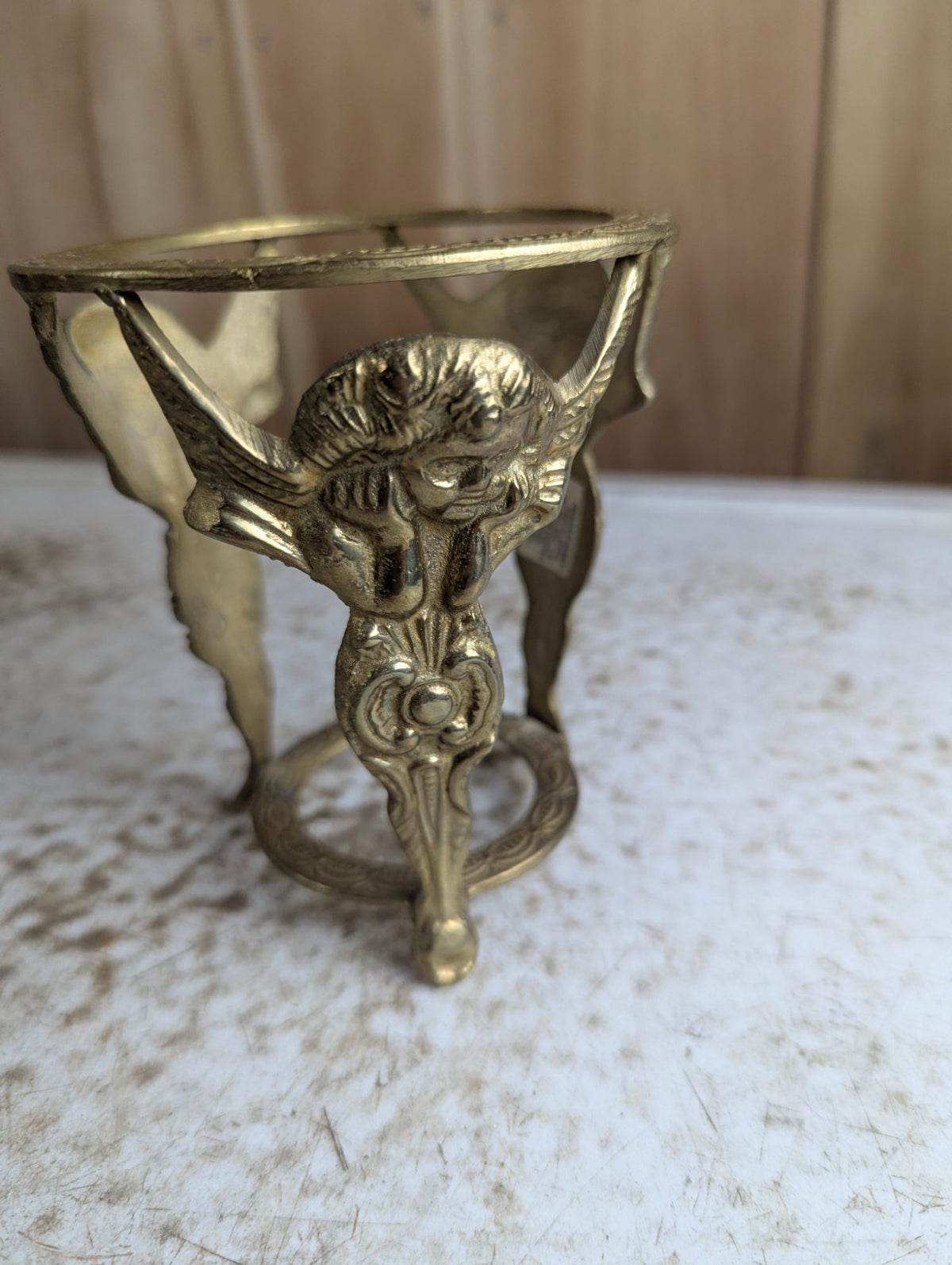 Vintage 5" Tall Indian Solid Brass Tripod Plant Stand with Cherub Design