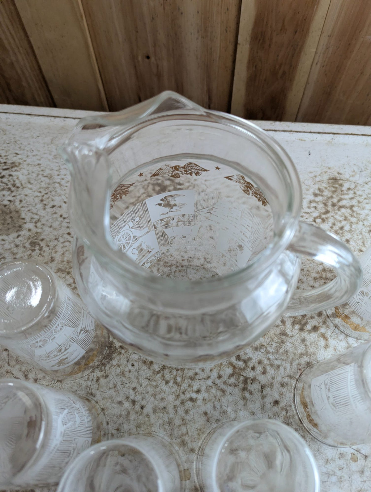 1960s Anchor Hocking Colonial Days Glass Pitcher with 6 Glasses Set