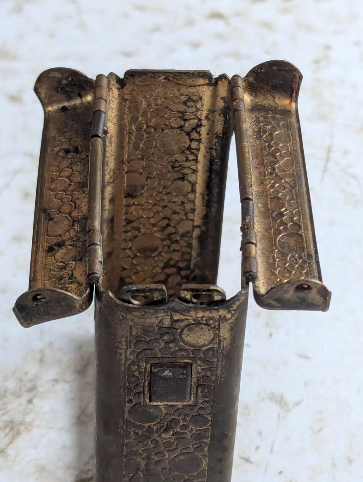 1930s Jemco Hold-a-Pak Brass Tobacco Cigarette Pack Holder