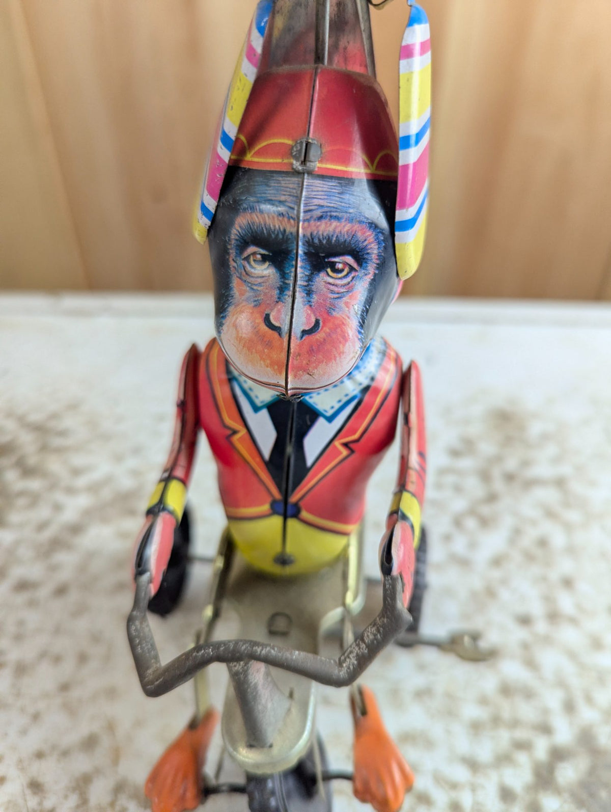 Vintage Style Wind-up Monkey on Tricycle Tin Litho Toy - Damaged, Working
