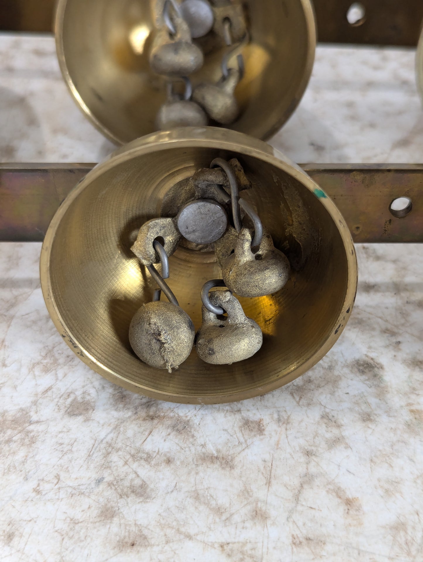 2 Vintage Clusters of 4 Brass Sleigh Bells on Metal Bar - view 3
