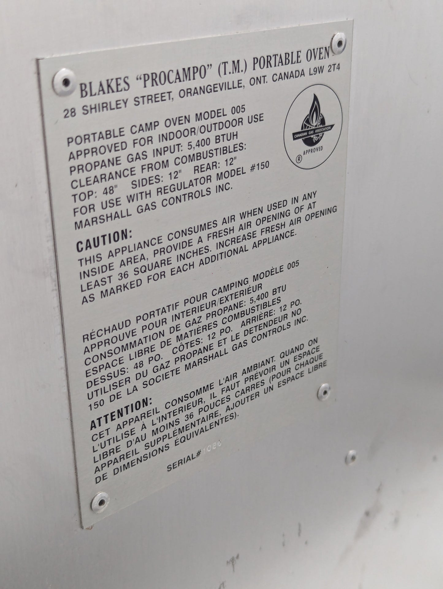 Blakes Procampo Propane Camp Oven Model 005