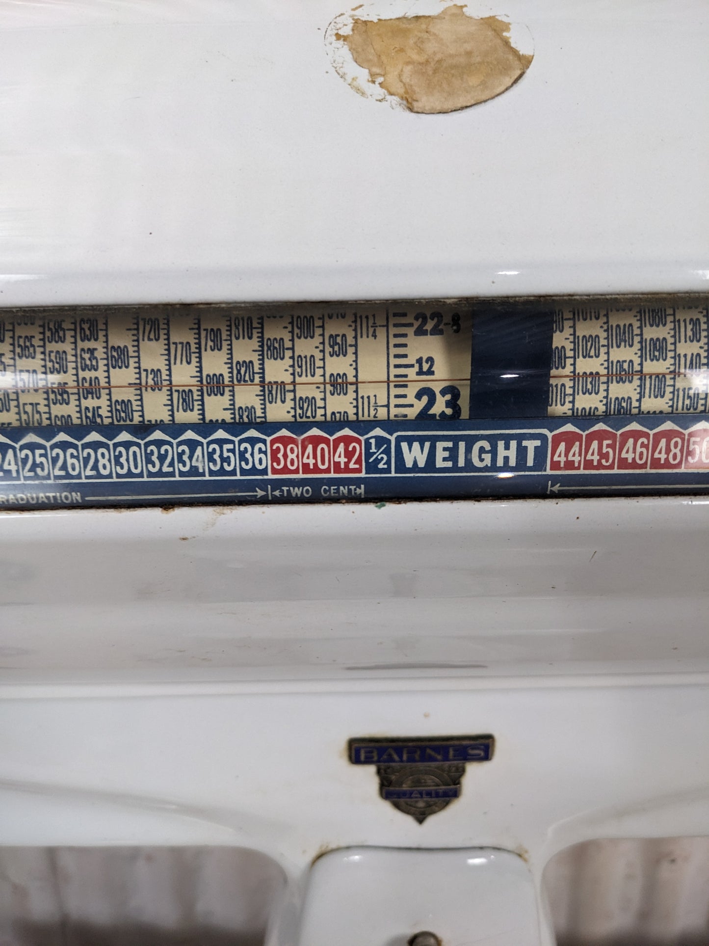 Vintage Porcelain Enamel Barnes Weigh Scale