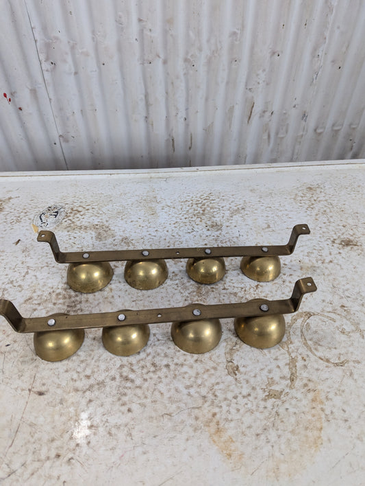 2 Vintage Clusters of 4 Brass Sleigh Bells on Metal Bar