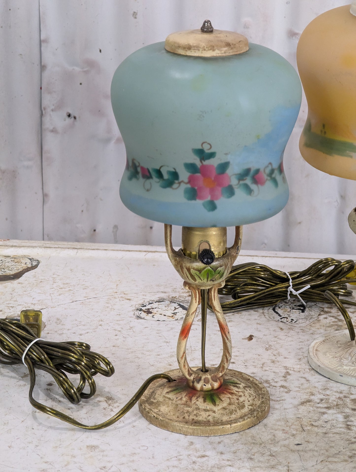 Vintage Reverse Painted Glass Shade Table Lamps