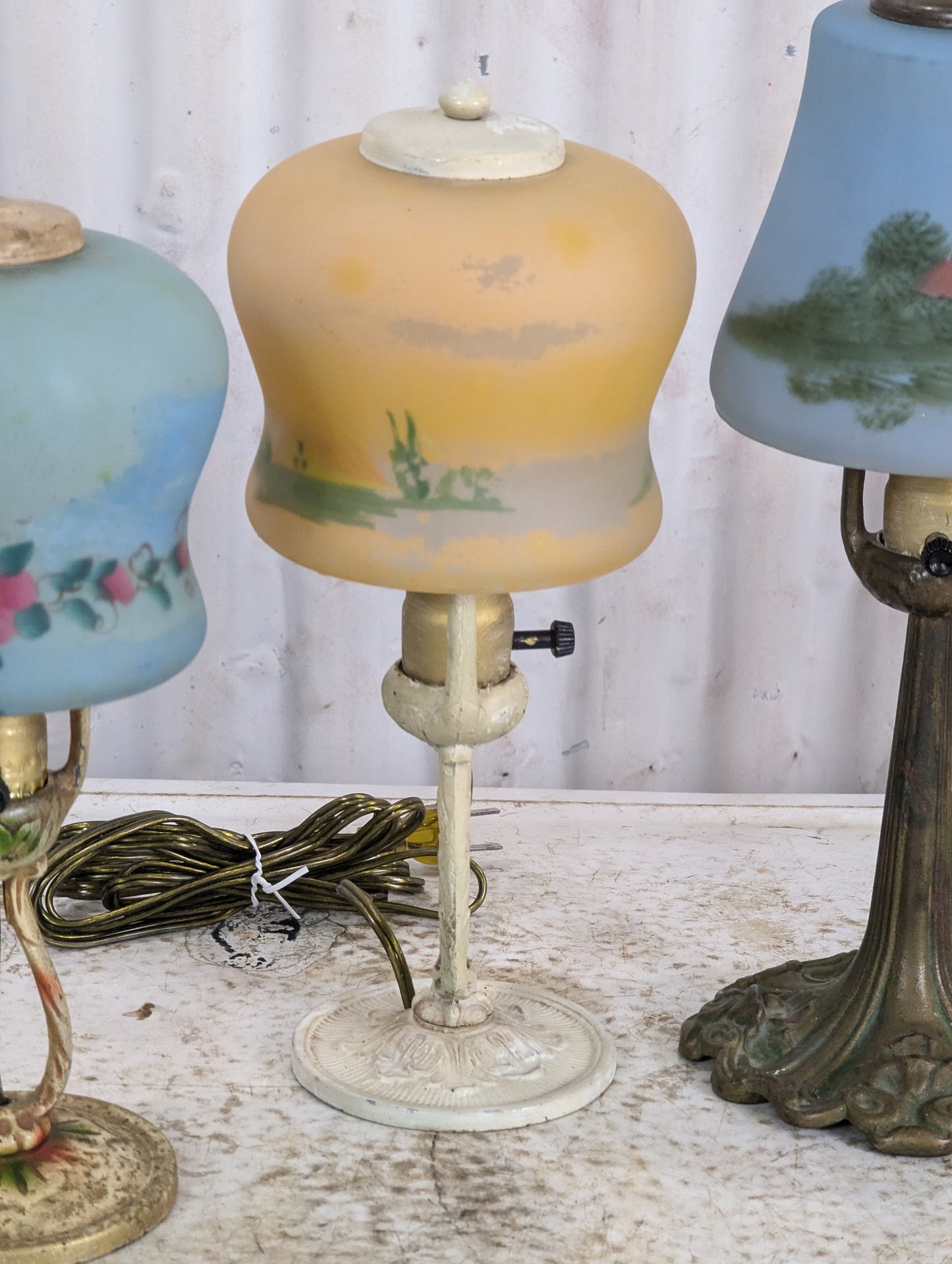 Vintage Reverse Painted Glass Shade Table Lamps