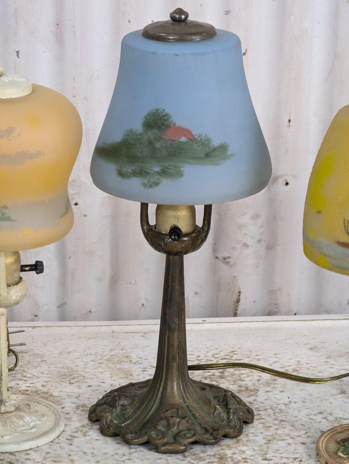 Vintage Reverse Painted Glass Shade Table Lamps