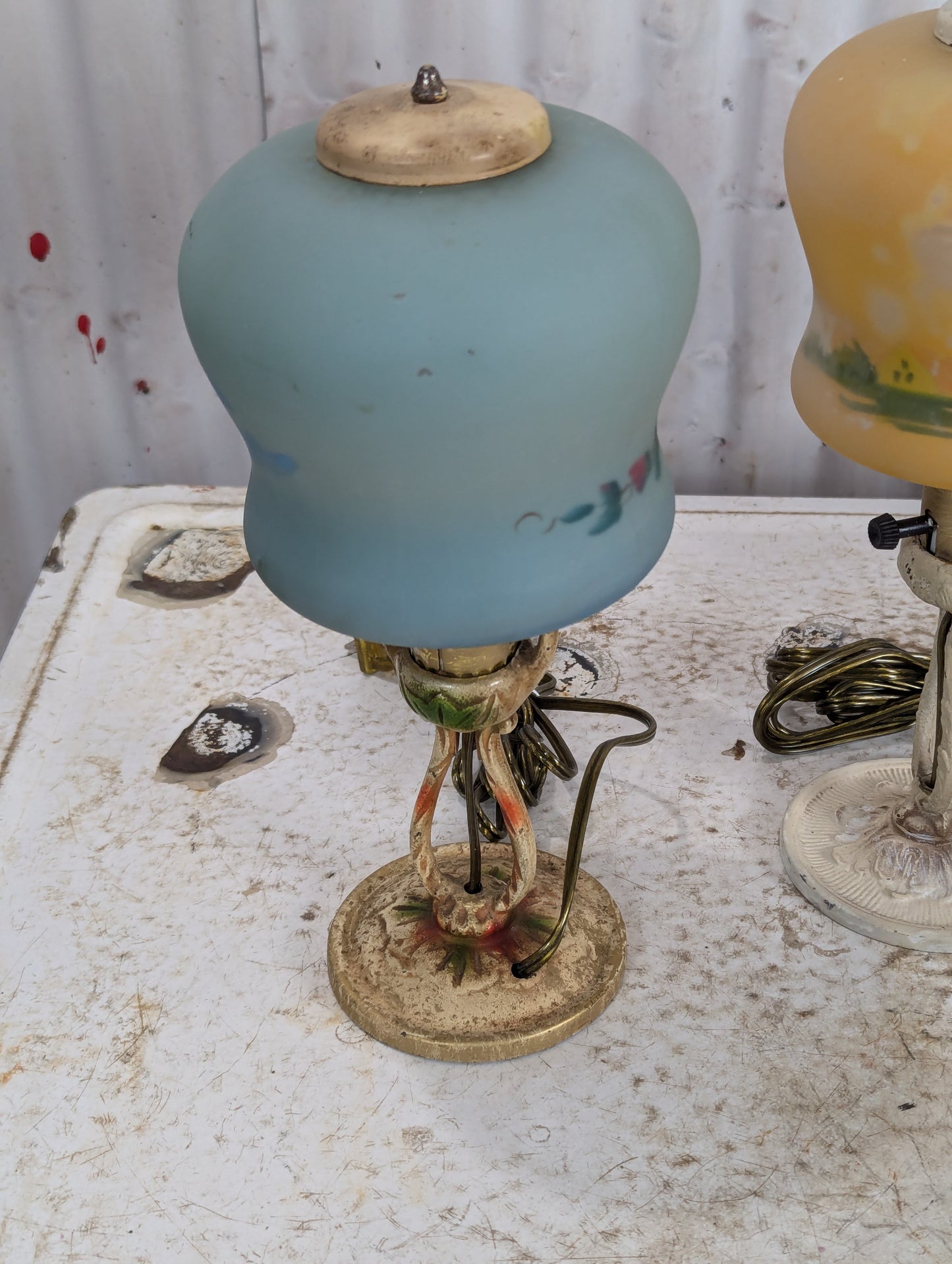 Vintage Reverse Painted Glass Shade Table Lamps