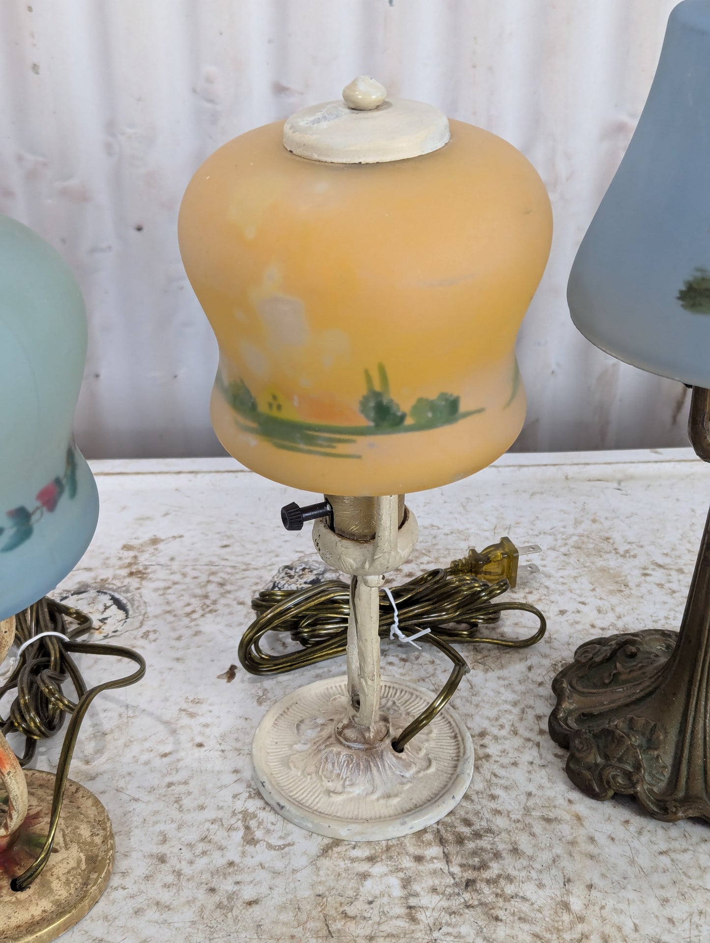 Vintage Reverse Painted Glass Shade Table Lamps
