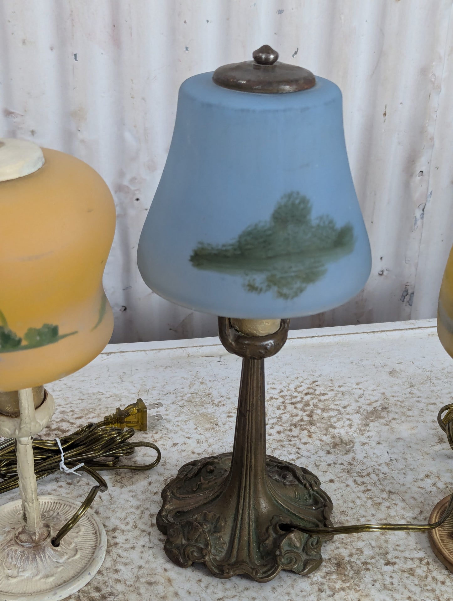 Vintage Reverse Painted Glass Shade Table Lamps