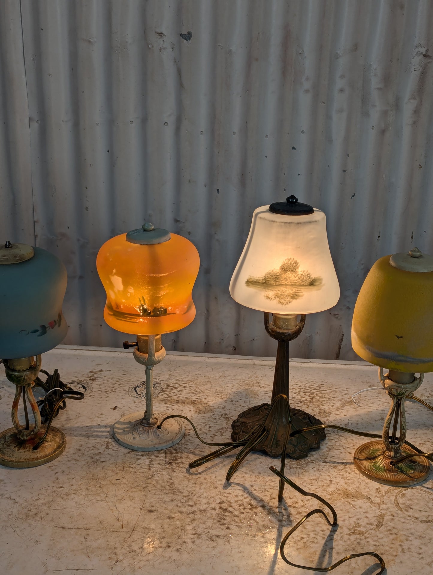 Vintage Reverse Painted Glass Shade Table Lamps