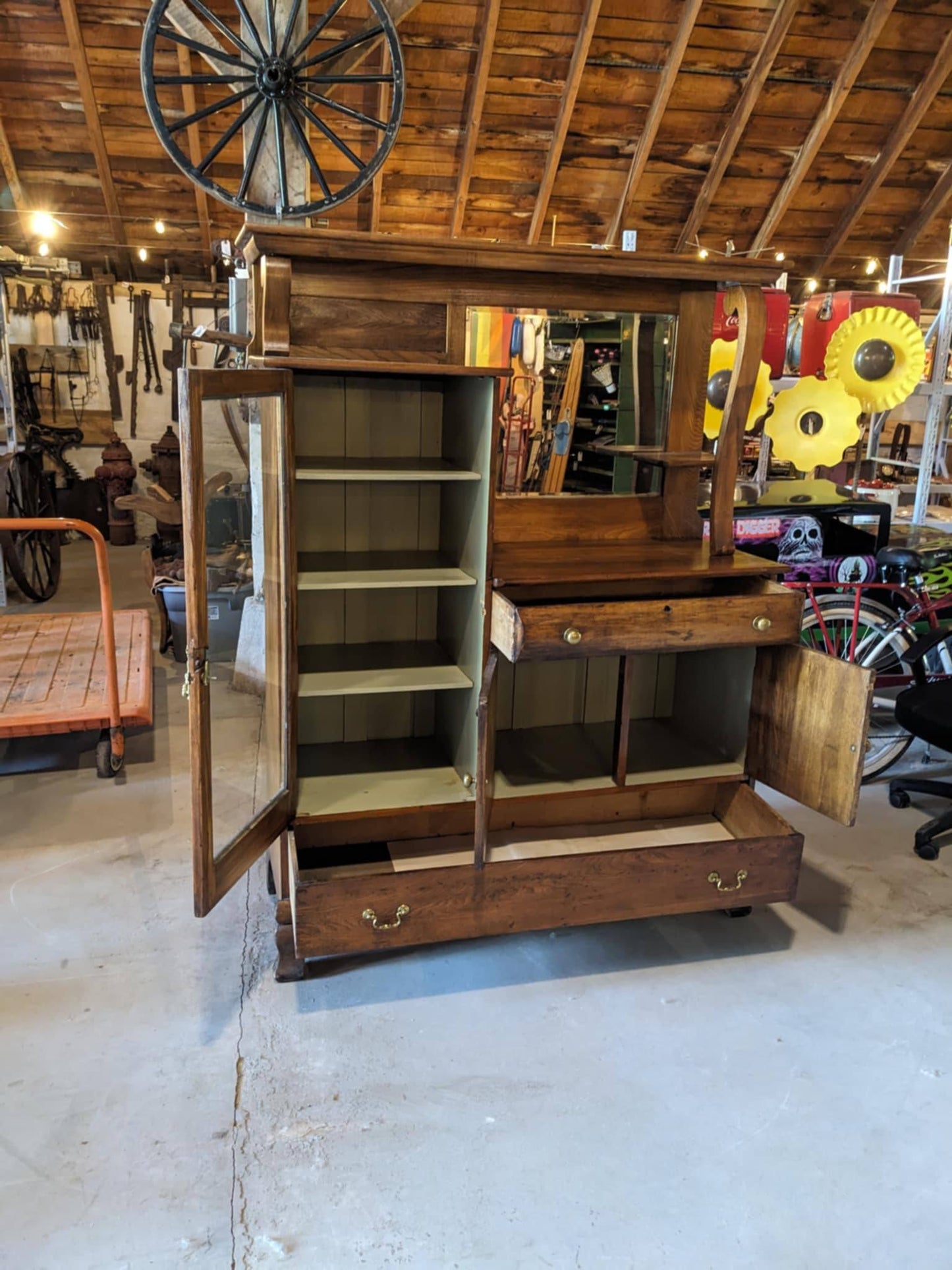 Antique Solid Oak Side By Side China Cabinet