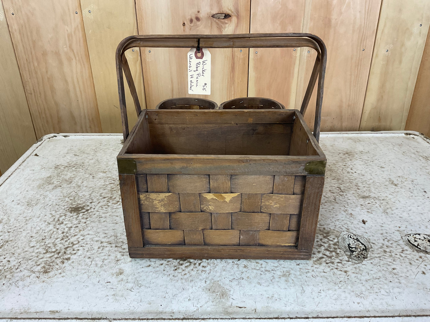 Vintage Wooden Wicker Rattan Basket with Utensil Caddy