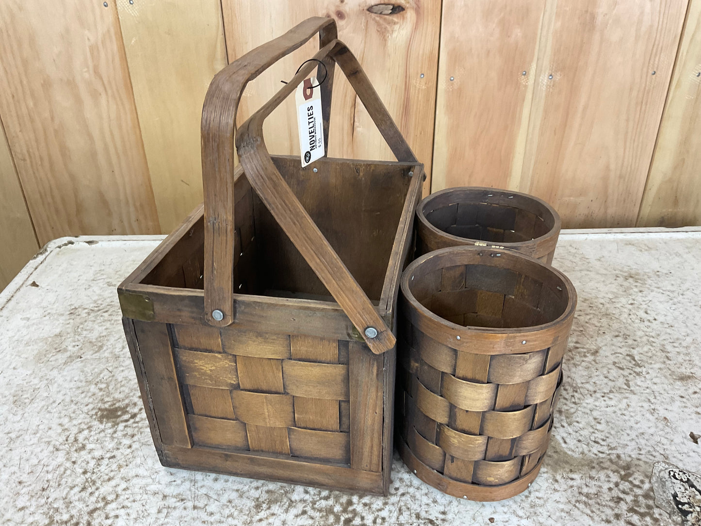 Vintage Wooden Wicker Rattan Basket with Utensil Caddy