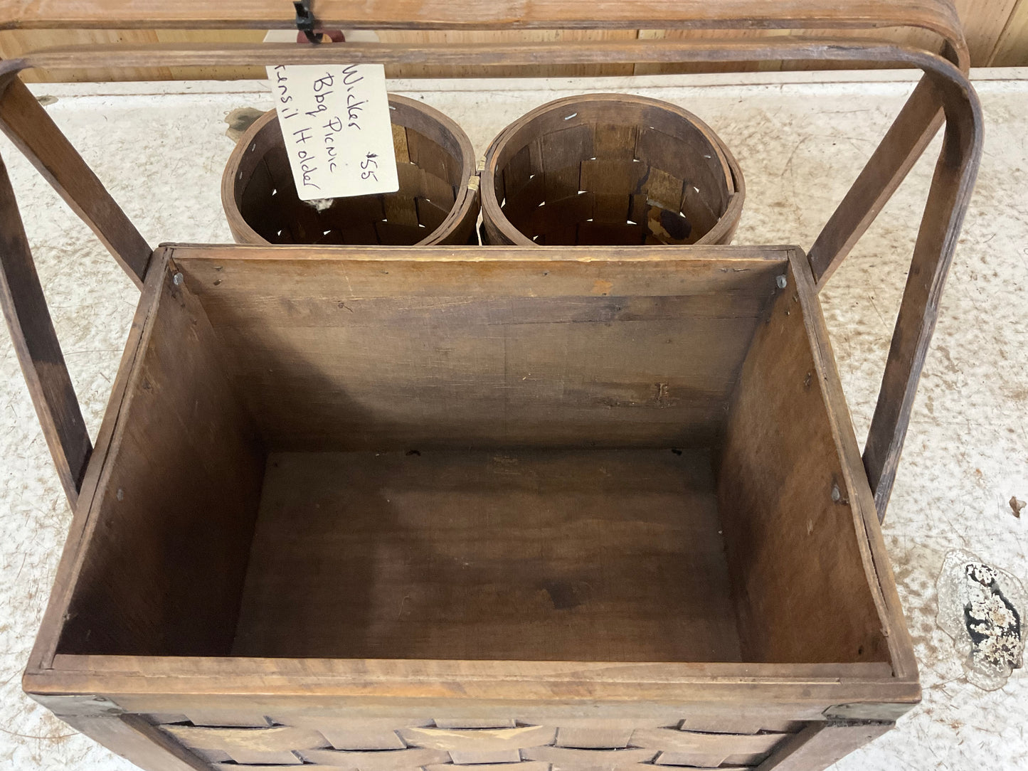 Vintage Wooden Wicker Rattan Basket with Utensil Caddy