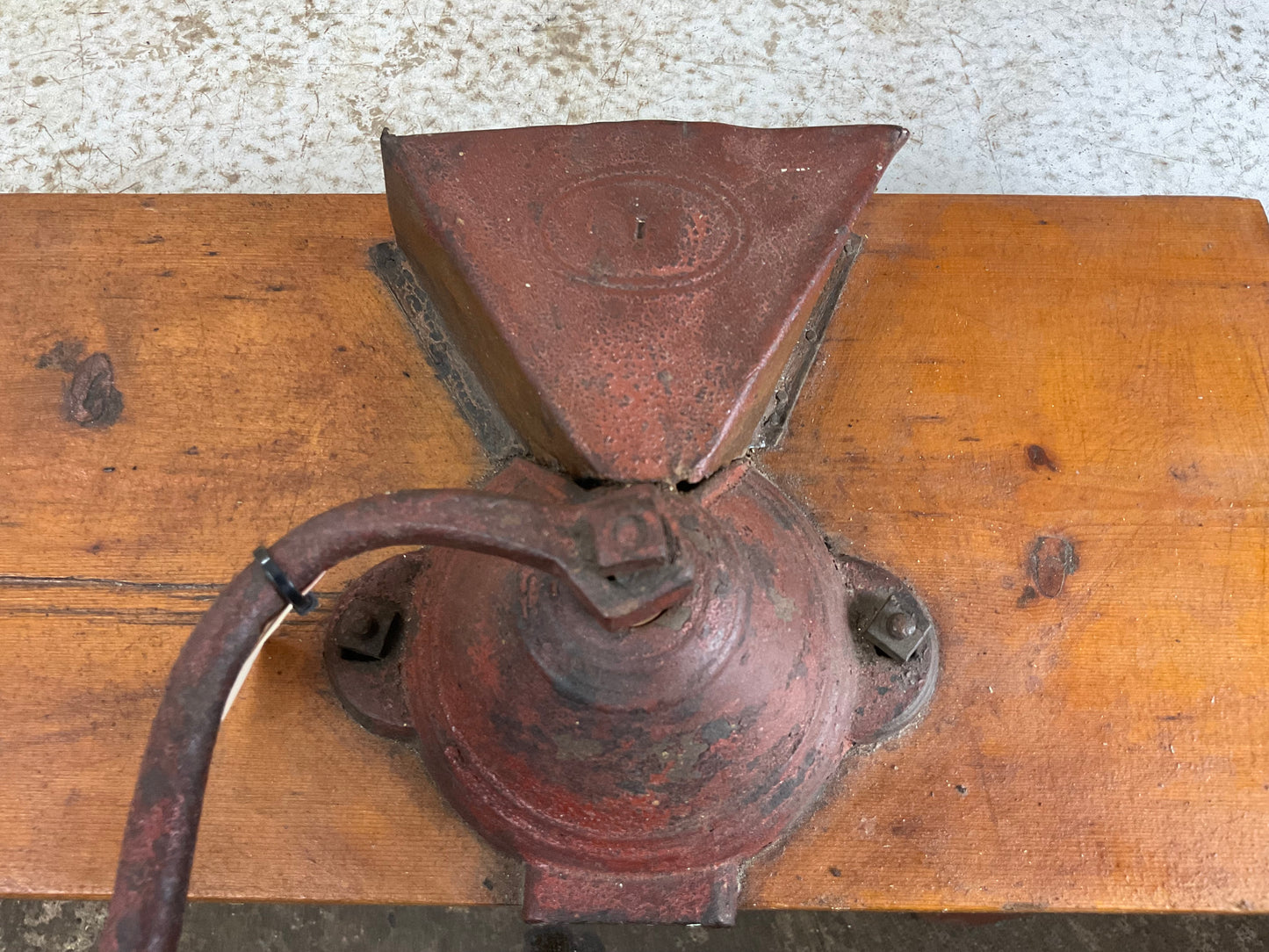 Vintage Cast Iron Hand Cranked Coffee Grinder Mounted on Wooden Board