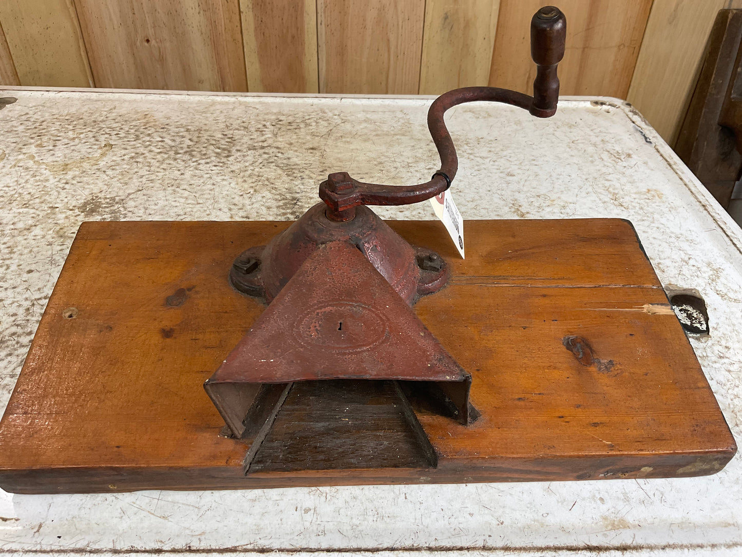 Vintage Cast Iron Hand Cranked Coffee Grinder Mounted on Wooden Board