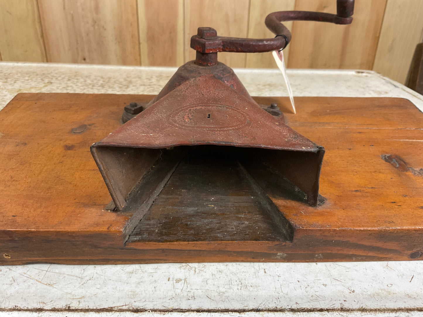 Vintage Cast Iron Hand Cranked Coffee Grinder Mounted on Wooden Board