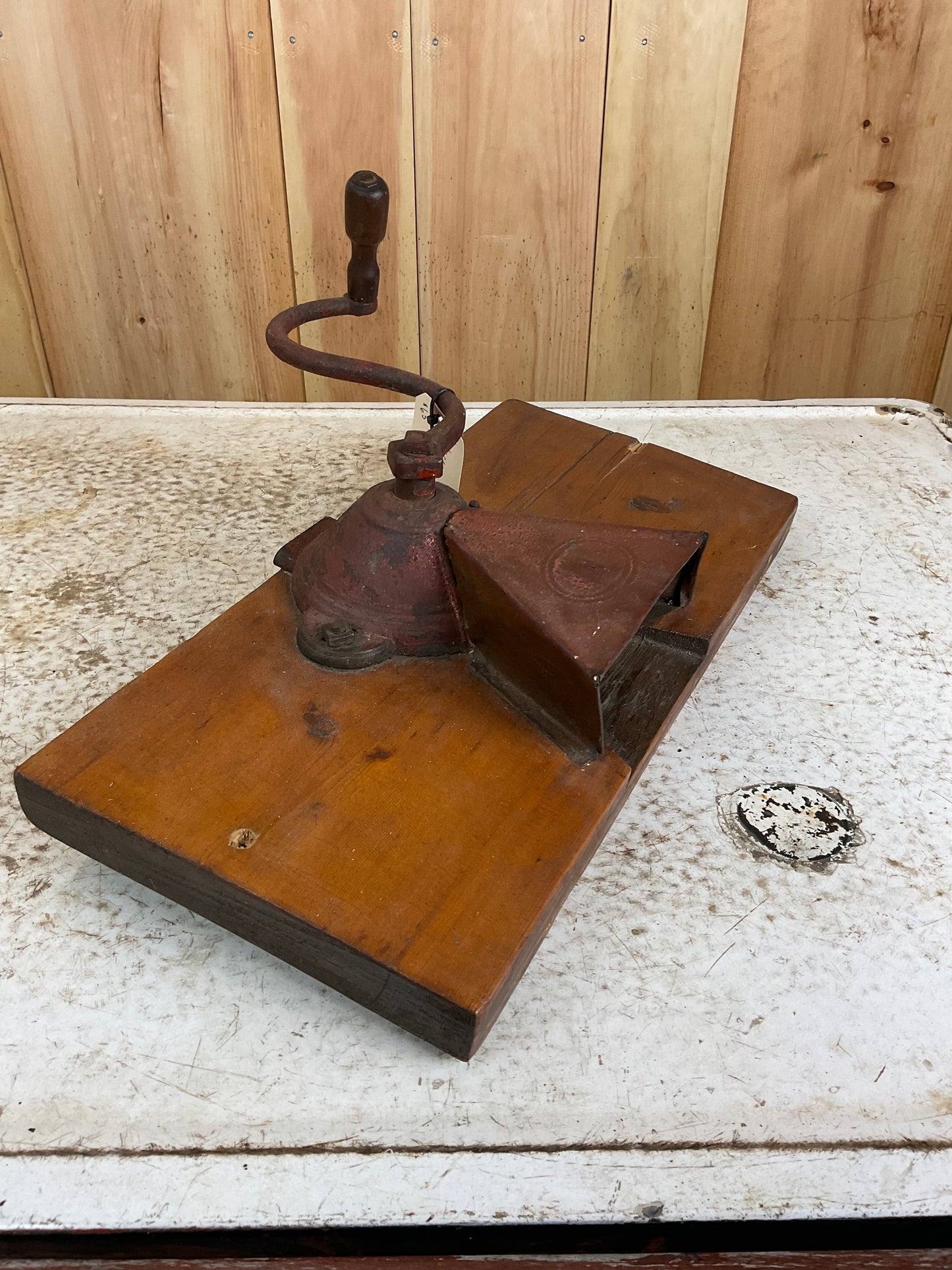 Vintage Cast Iron Hand Cranked Coffee Grinder Mounted on Wooden Board