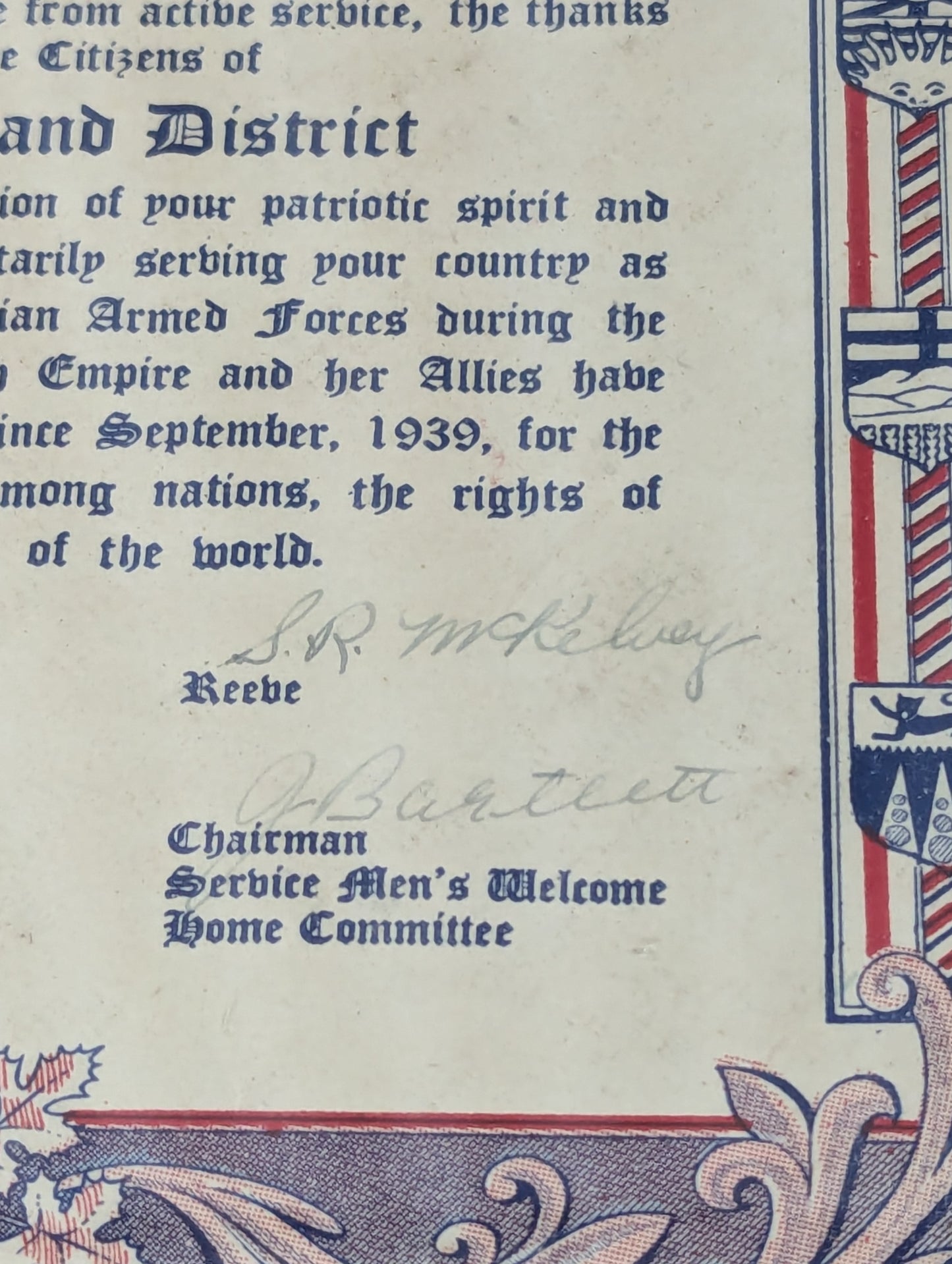 Vintage WW2 Services Rendered Framed Document