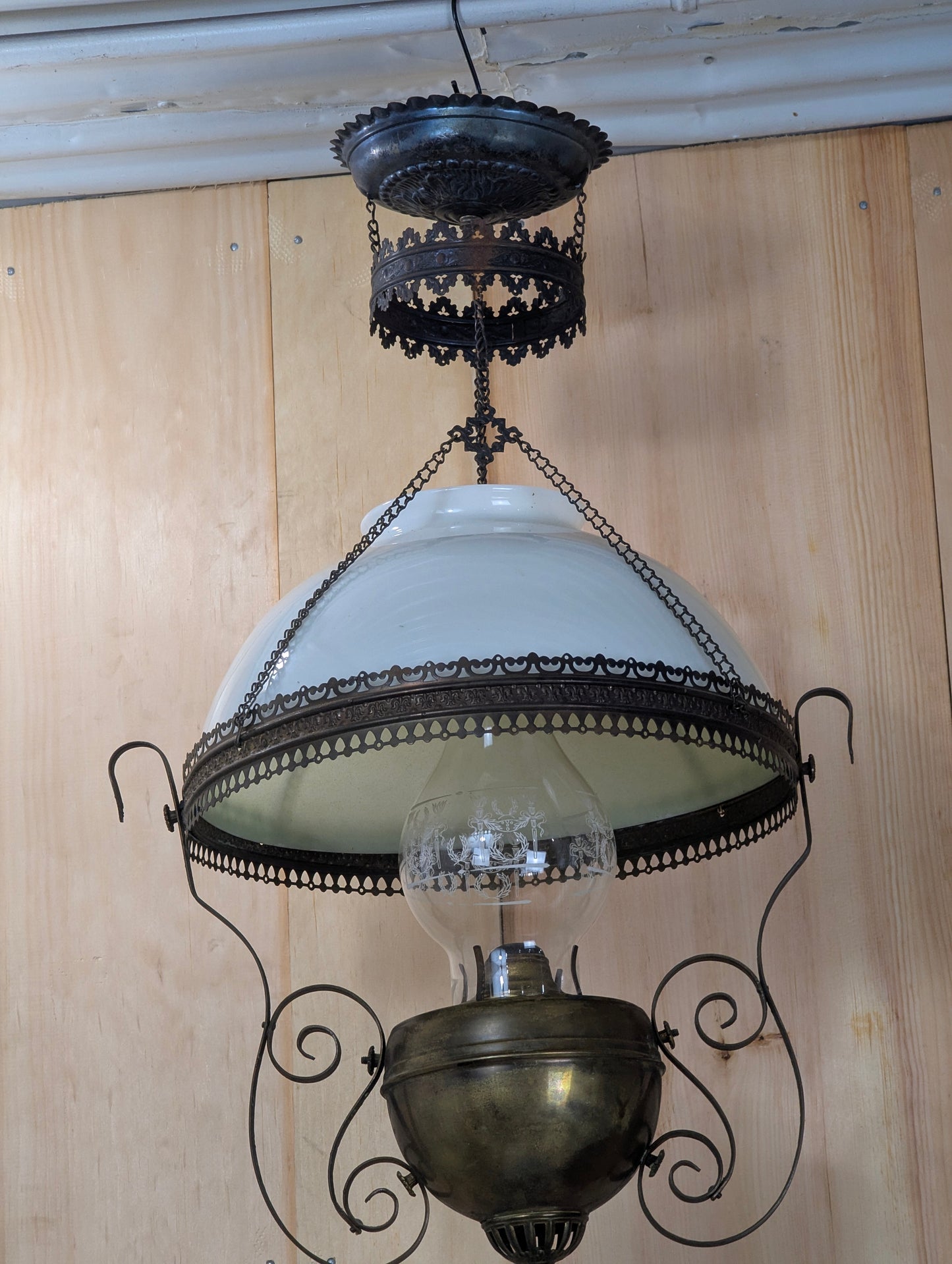 Antique Opaline Glass Hanging Oil Lamp