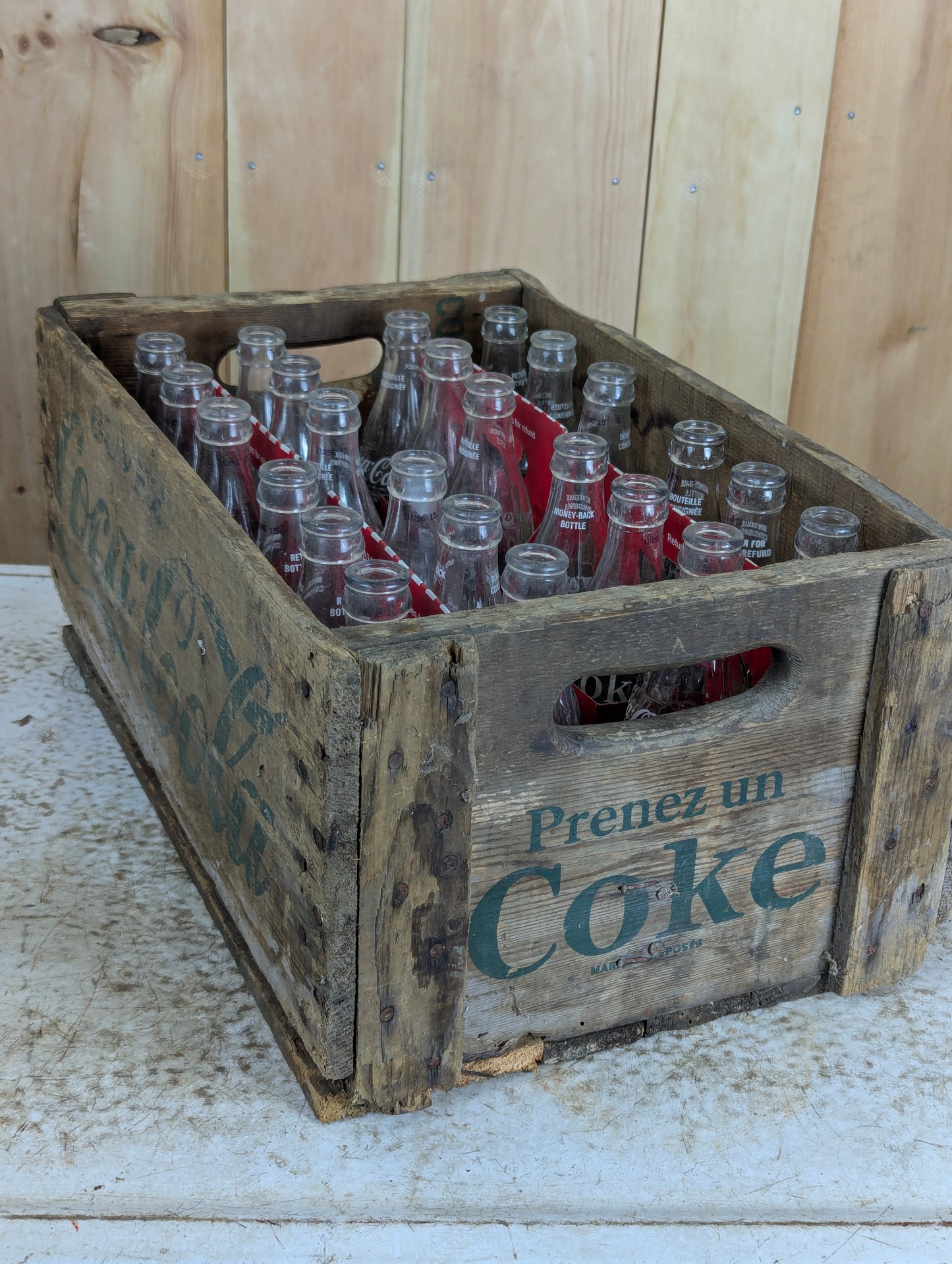 Wooden Coke Crate with 24 Empty Coca Cola Bottles in Cases
