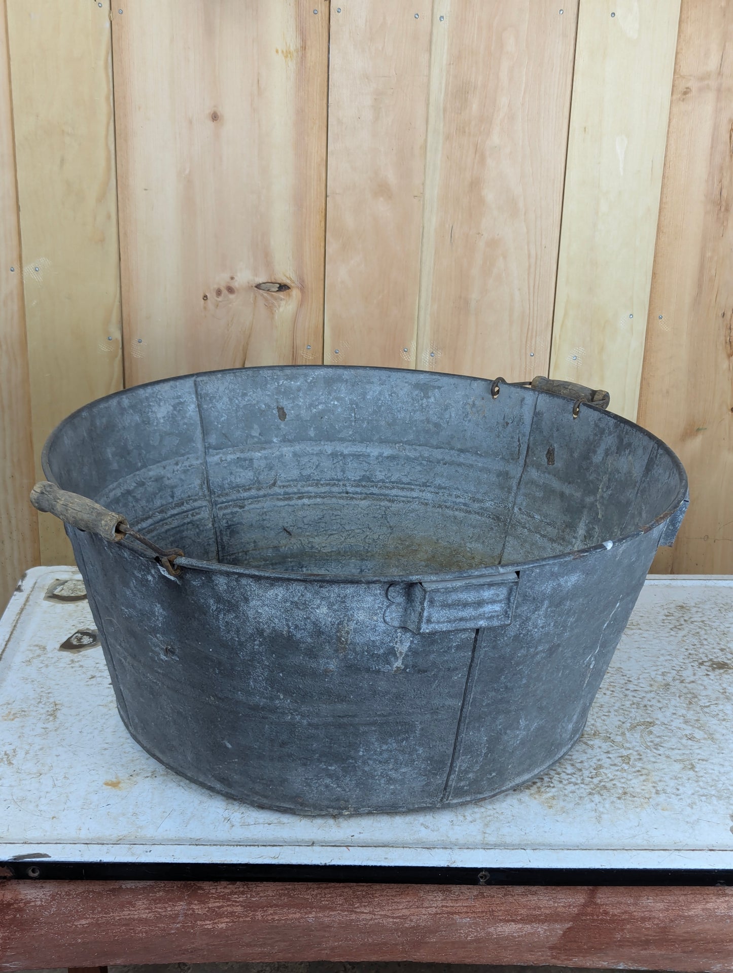 Vintage Wright #3 Galvanized Washtub with Wooden Handles