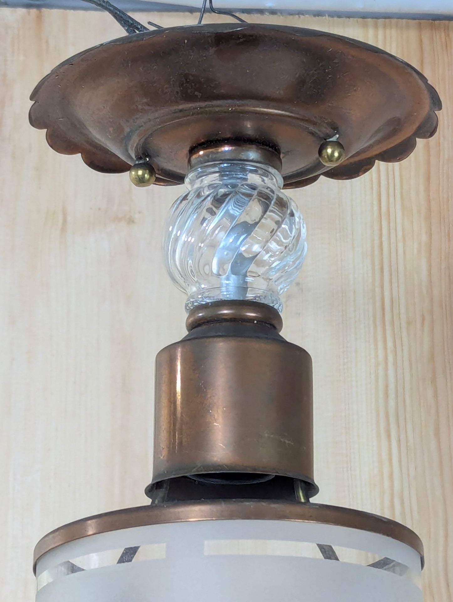 1940’s Copper Hall Pendant with Frosted Glass