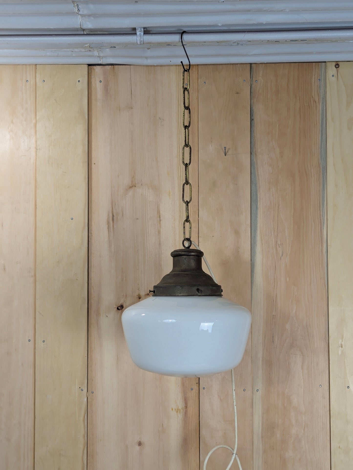 Vintage 1940’s Schoolhouse Milk Glass Pendant Light
