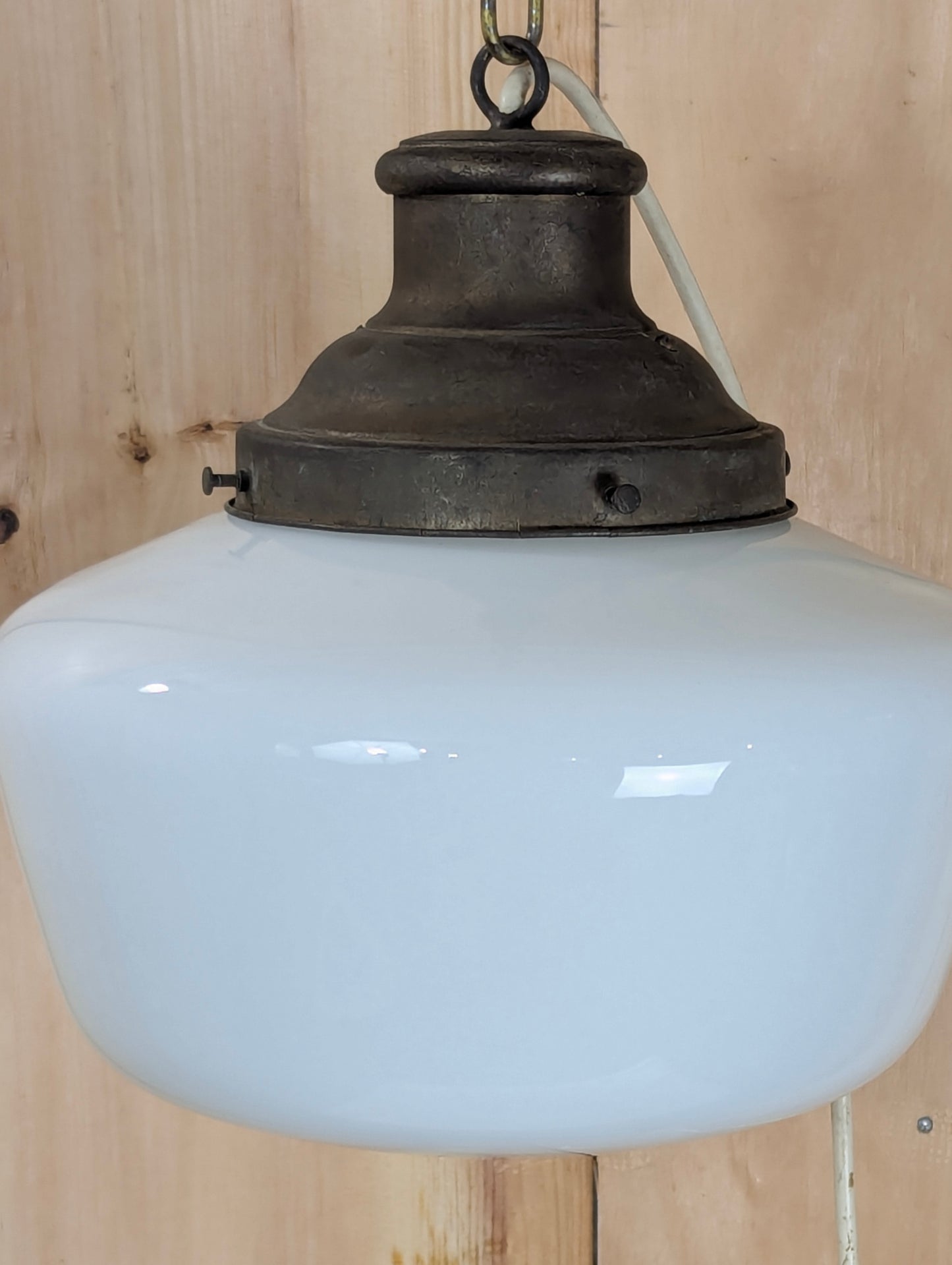 Vintage 1940’s Schoolhouse Milk Glass Pendant Light