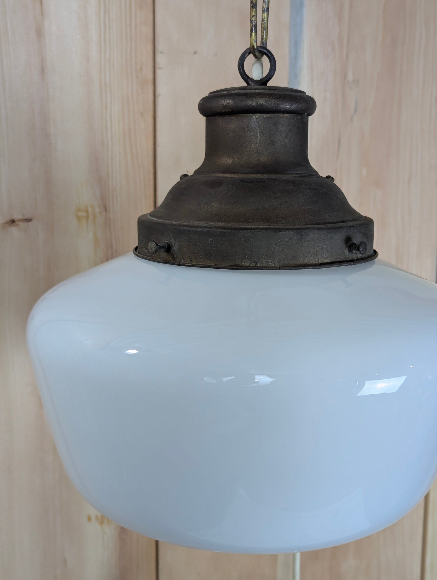 Vintage 1940’s Schoolhouse Milk Glass Pendant Light