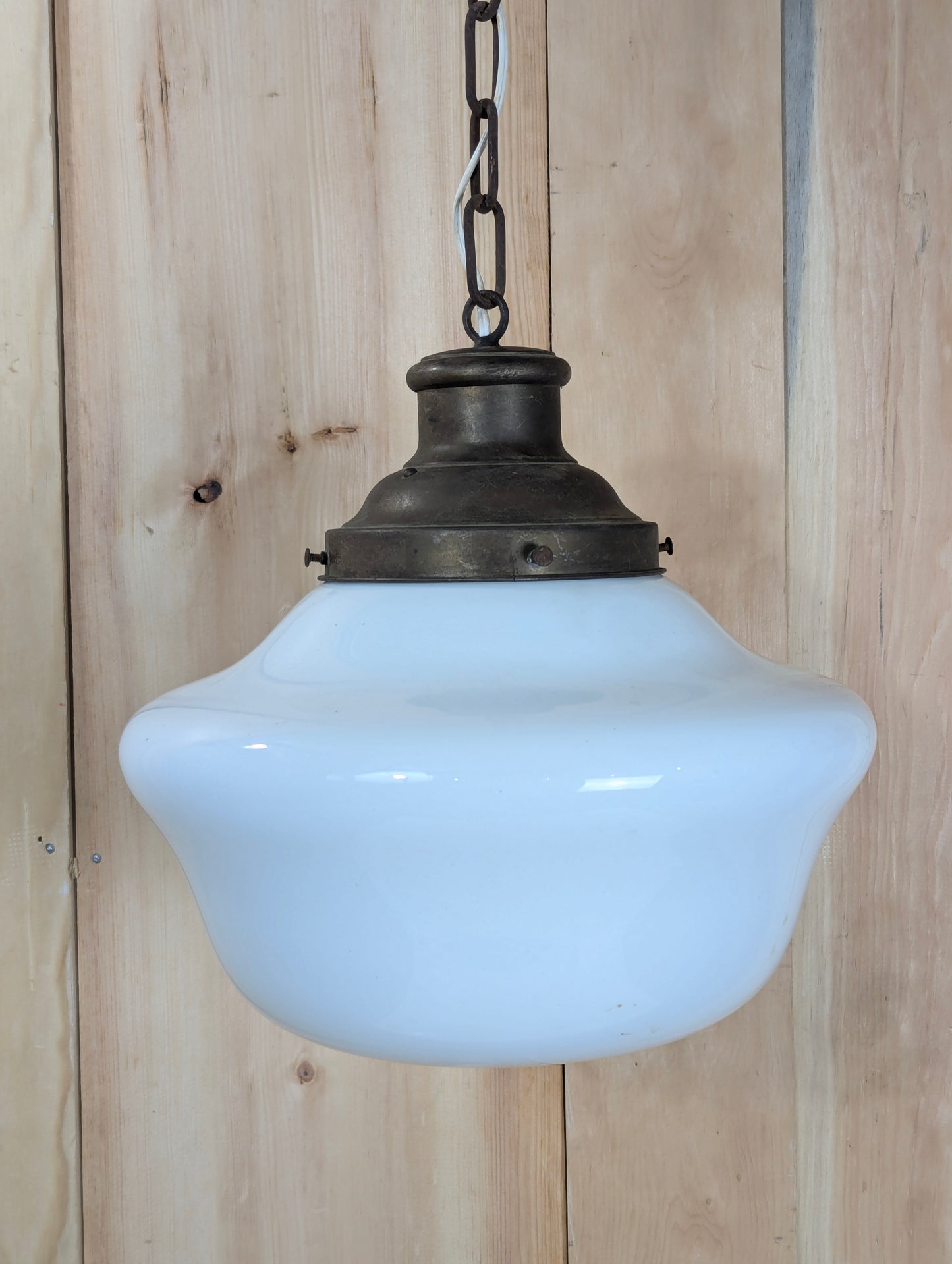 Vintage 1940’s Schoolhouse Milk Glass 13” Pendant Light
