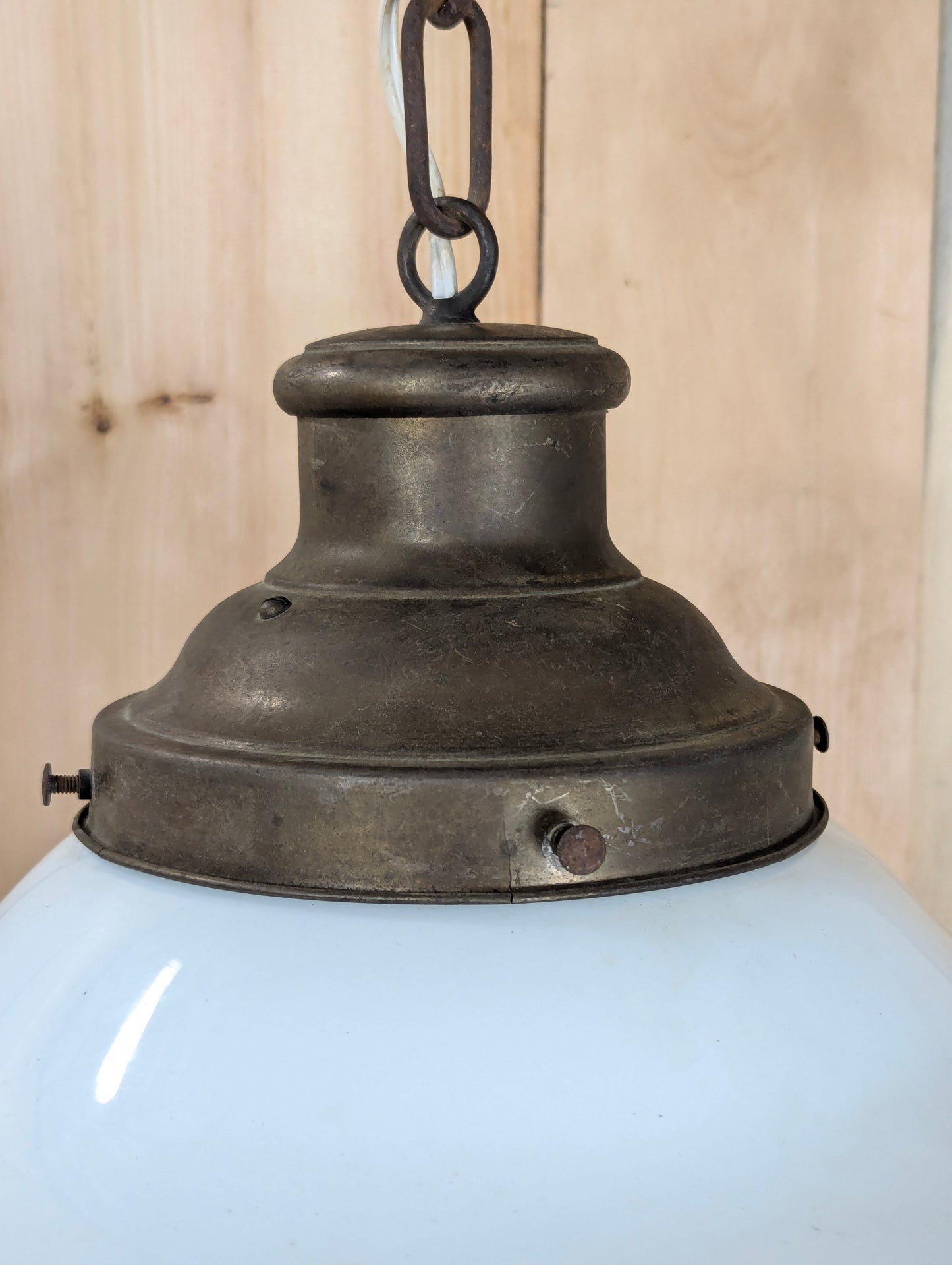 Vintage 1940’s Schoolhouse Milk Glass 13” Pendant Light