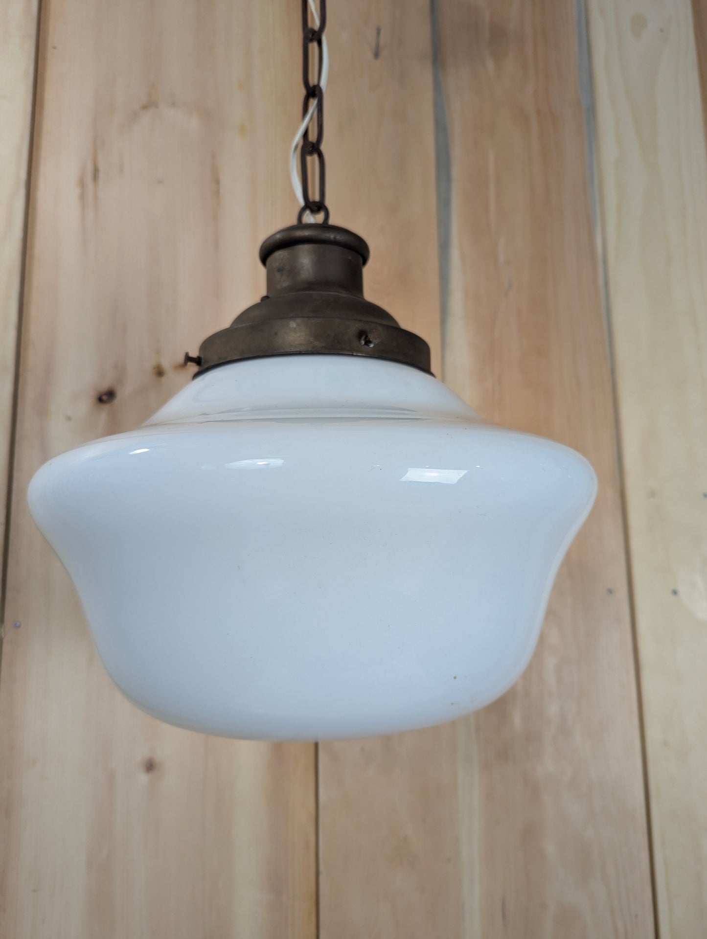 Vintage 1940’s Schoolhouse Milk Glass 13” Pendant Light