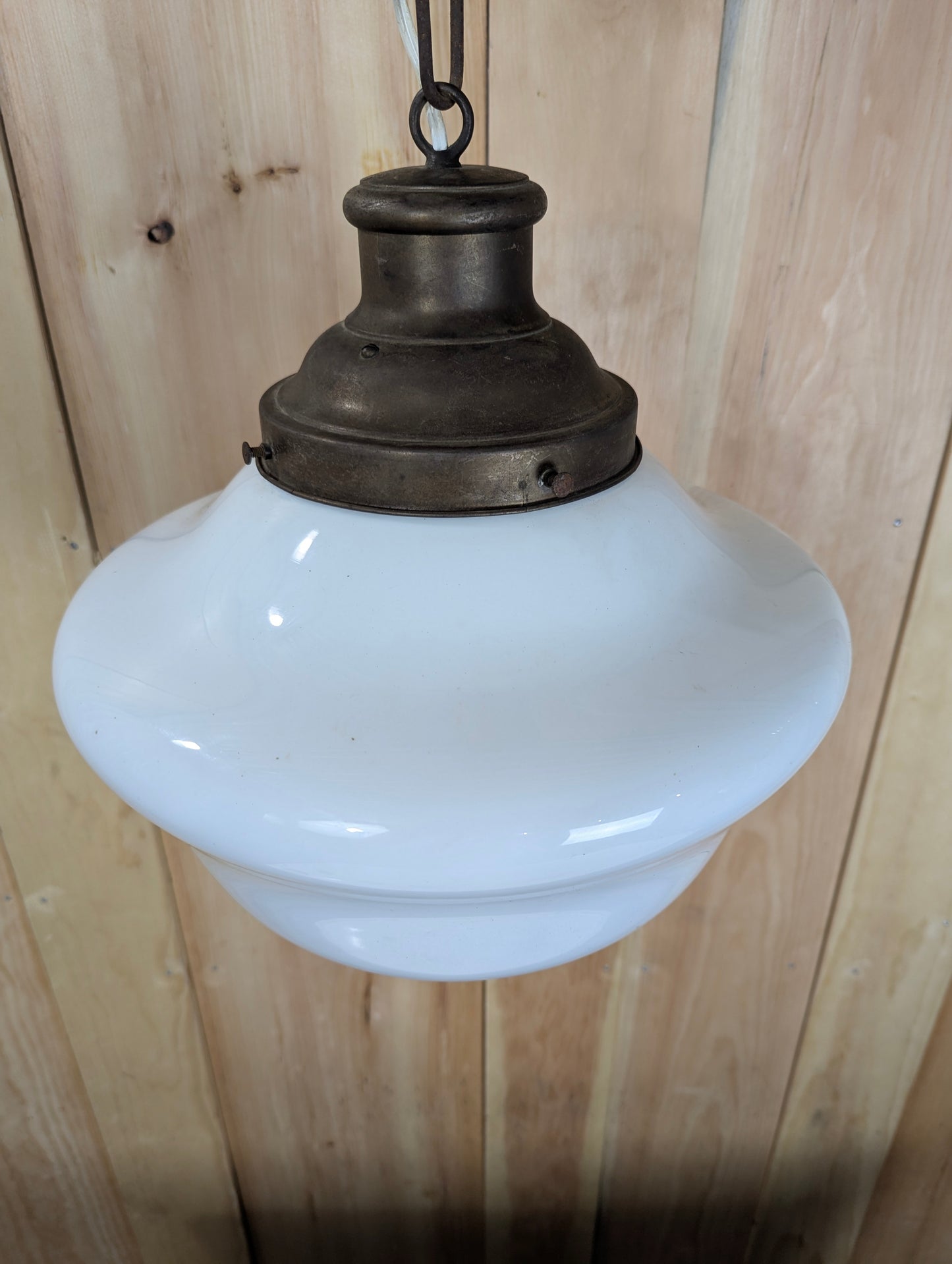 Vintage 1940’s Schoolhouse Milk Glass 13” Pendant Light