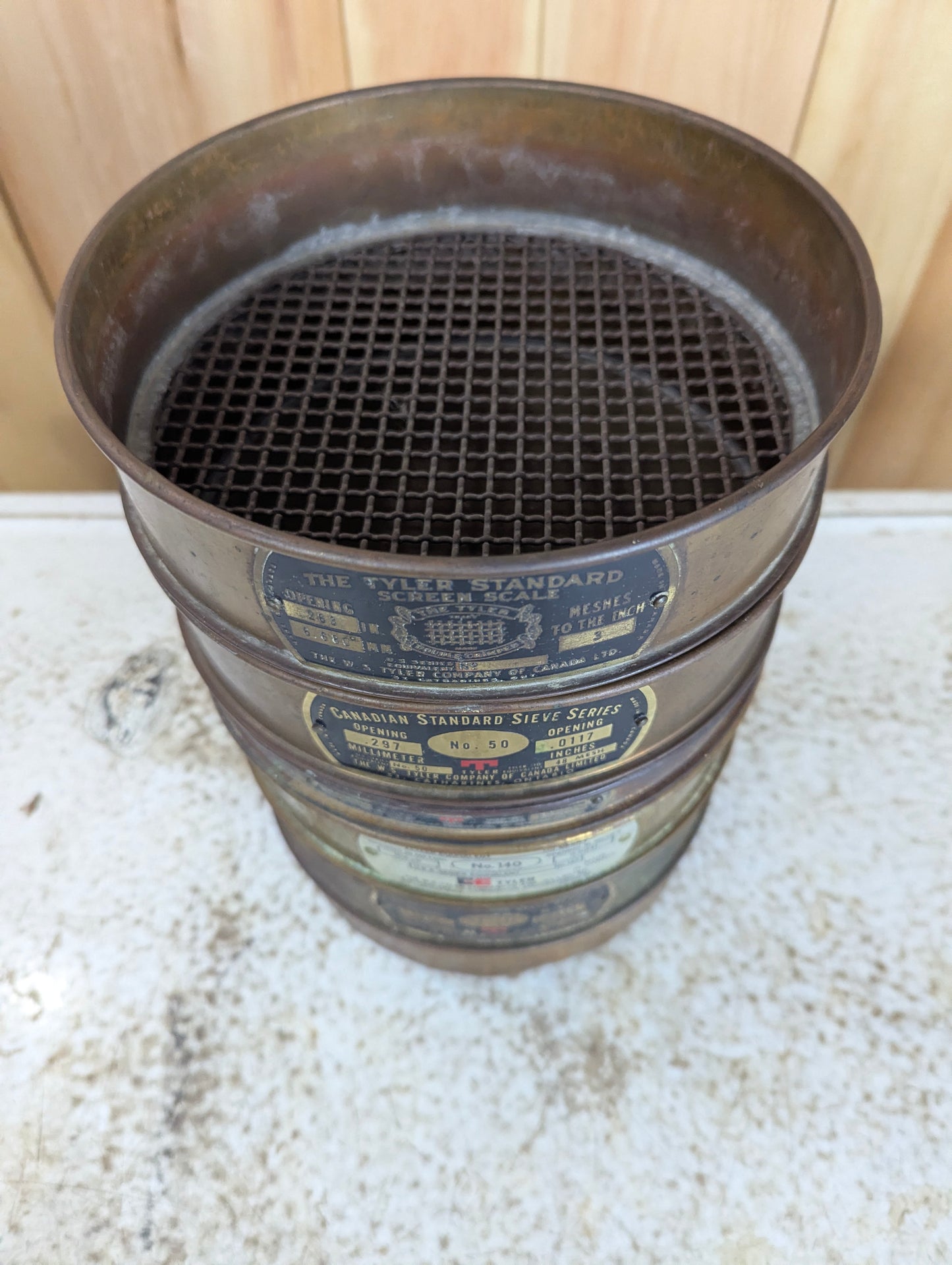 Antique W.S. Tyler Copper Sieve Set - Two #50s, #140, #200
