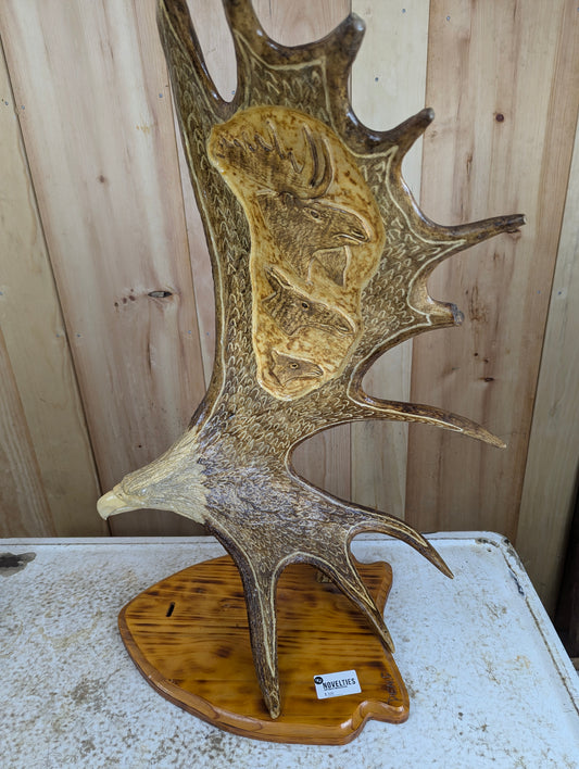 Handcrafted Moose Antler Carving Eagle Sculpture mounted on Wooden Base