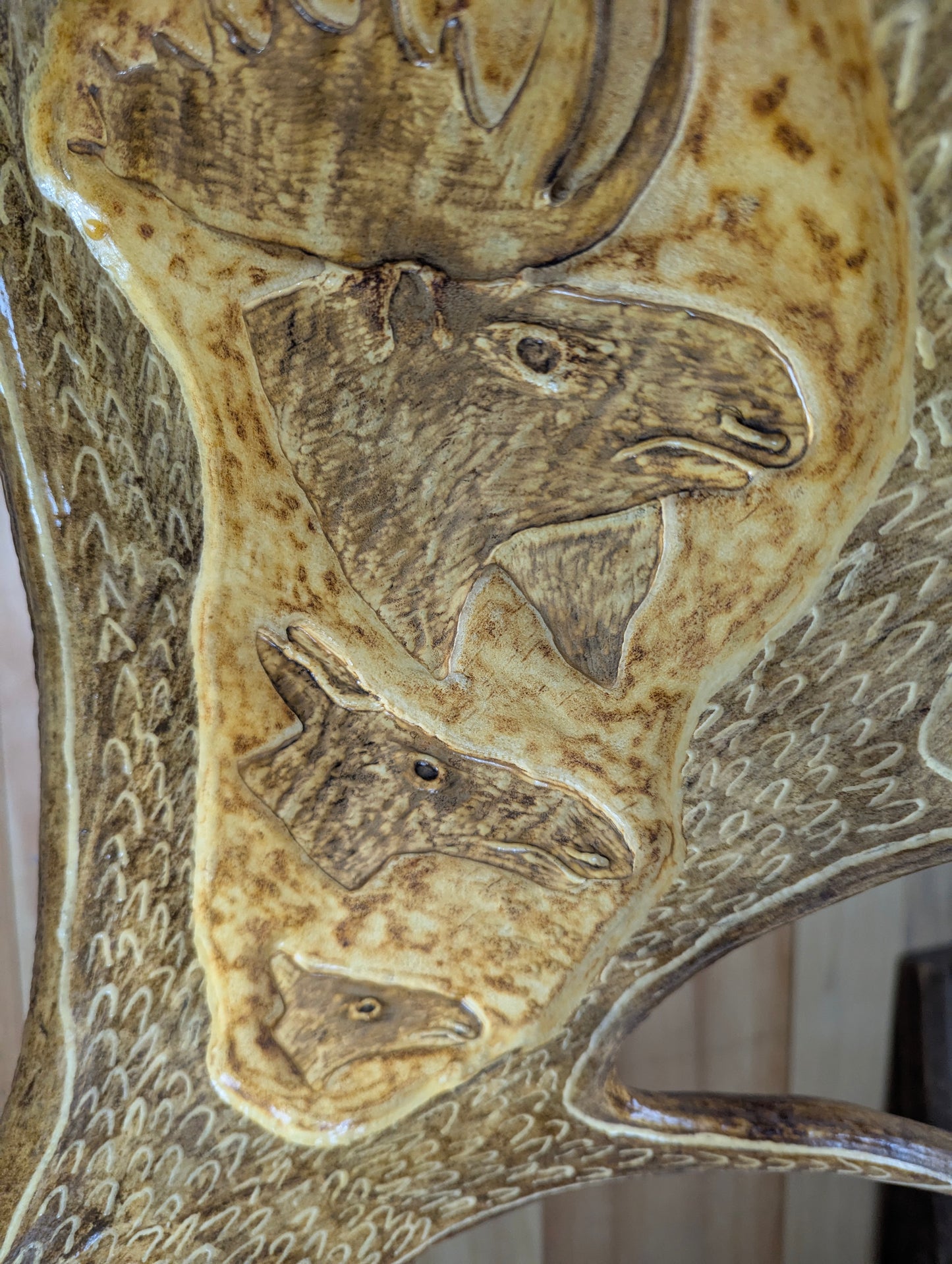 Handcrafted Moose Antler Carving Eagle Sculpture mounted on Wooden Base