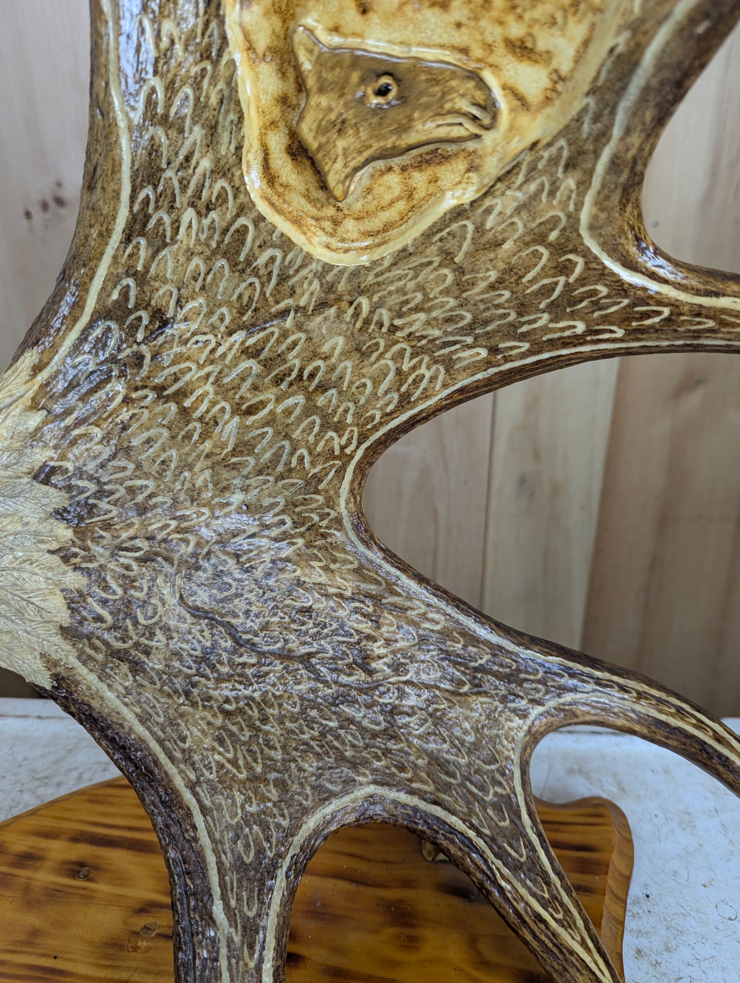 Handcrafted Moose Antler Carving Eagle Sculpture mounted on Wooden Base