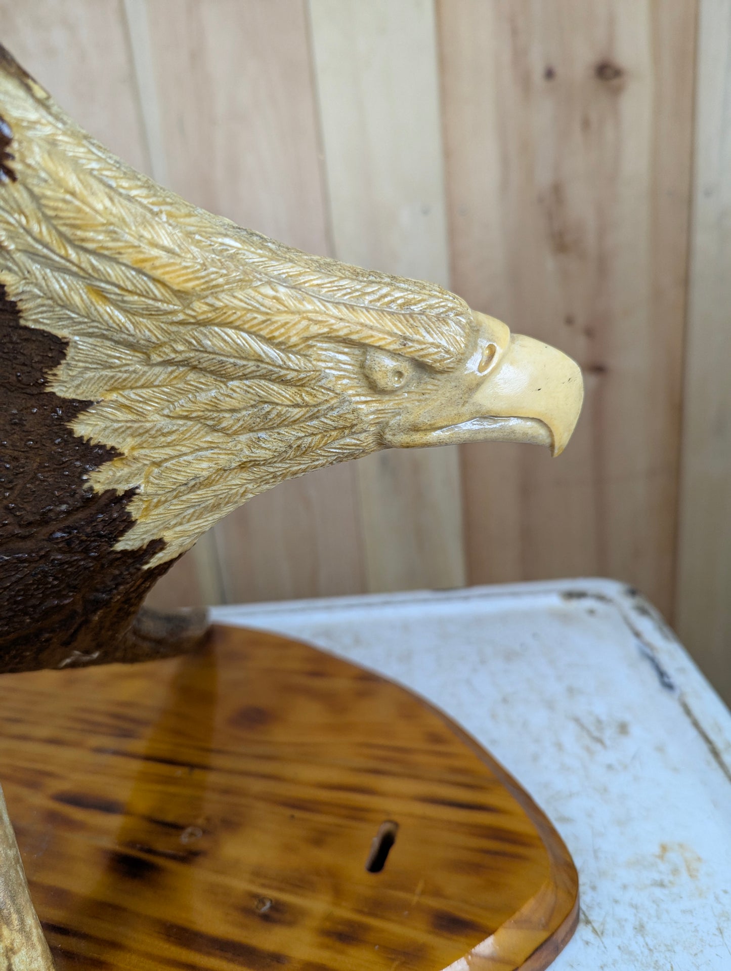Handcrafted Moose Antler Carving Eagle Sculpture mounted on Wooden Base