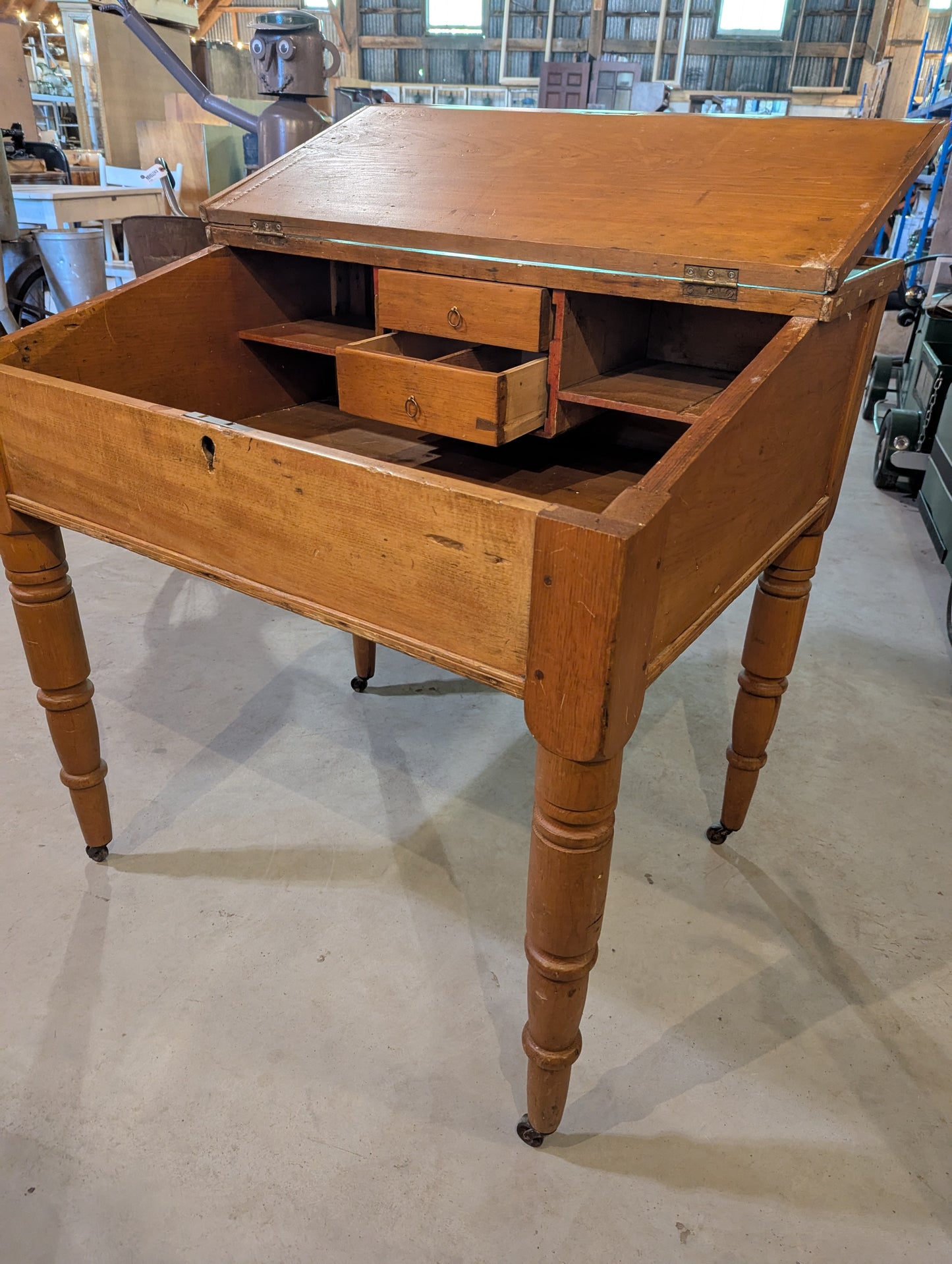 Antique White Pine Schoolmaster Headmaster Writing Desk