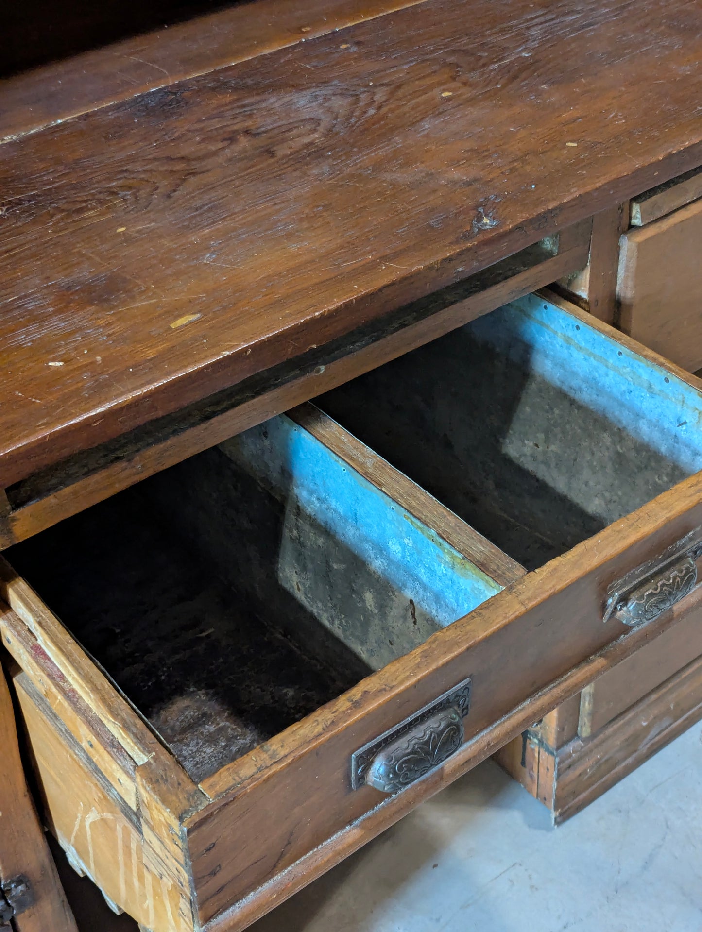 Antique 2 Piece Handcrafted Rustic Farmhouse Kitchen Hutch Bakers Cabinet