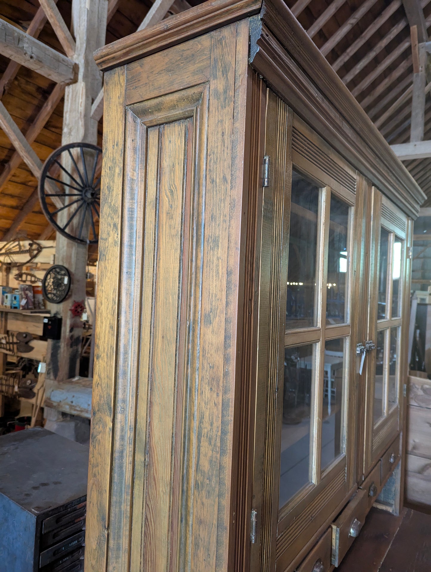 Antique 2 Piece Handcrafted Rustic Farmhouse Kitchen Hutch Bakers Cabinet
