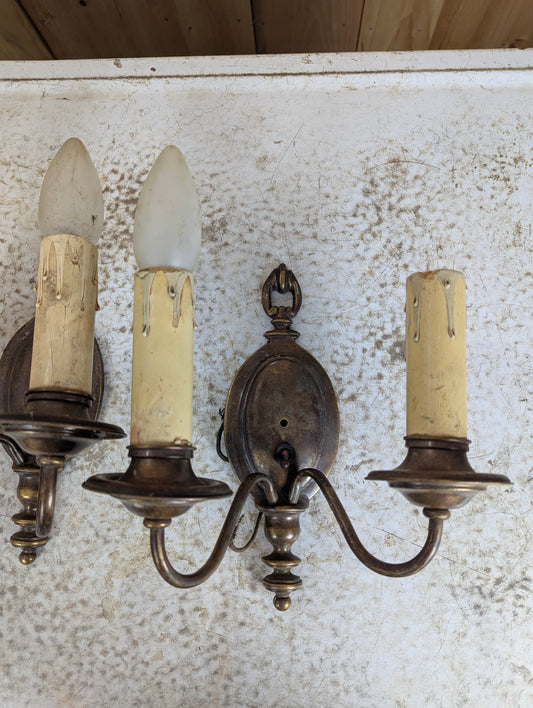 Pair of Antique Brass 2-Light Wall Sconces with Switches