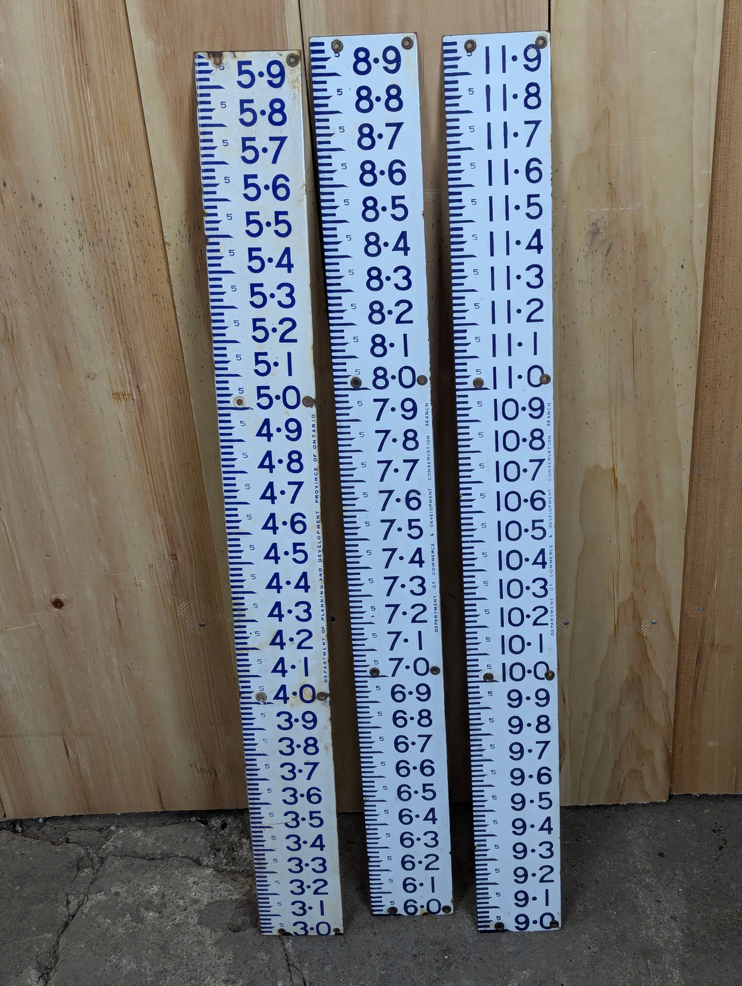 Set of Vintage Porcelain Dept of Development Province of Ontario Conservation Branch Water Level Staff Gauge