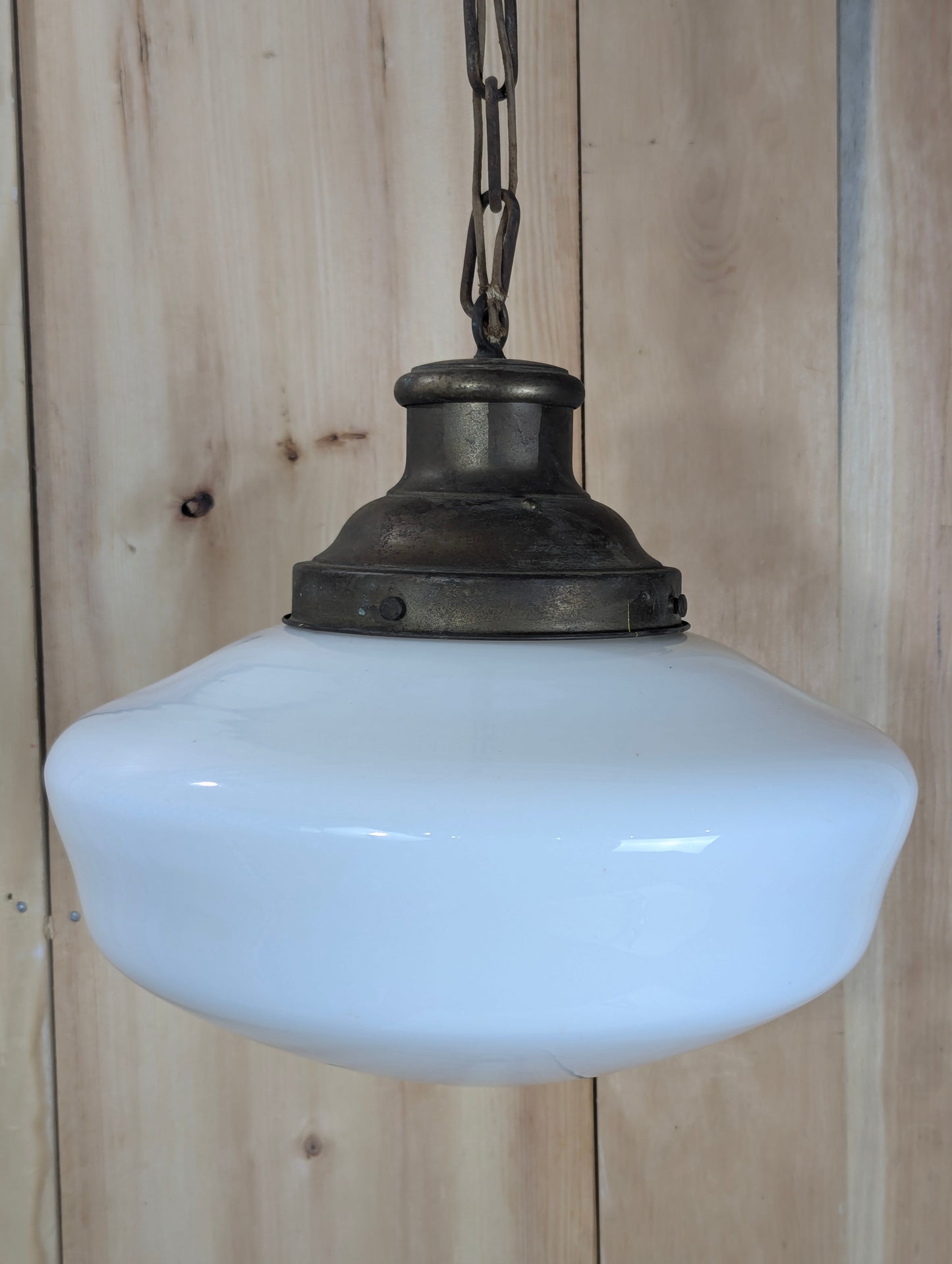 1940’s Vintage Schoolhouse 13” Pendant Light with Milk Glass Globe