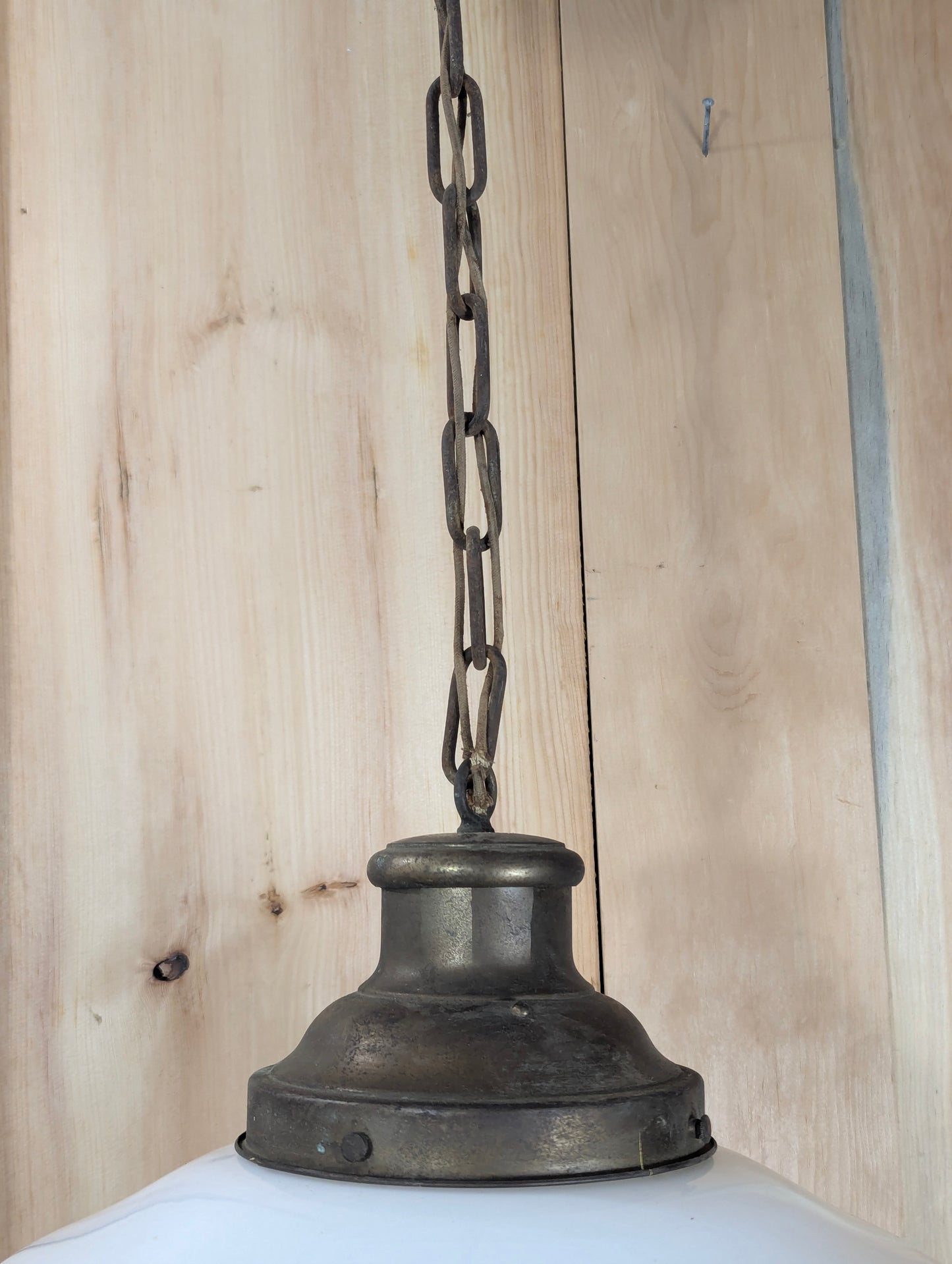 1940’s Vintage Schoolhouse 13” Pendant Light with Milk Glass Globe