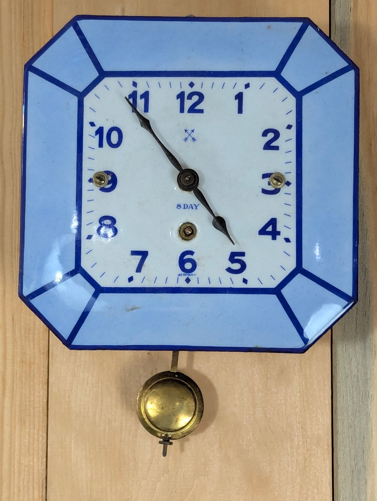 German Made Enamelled White & Blue 8- Day Wall Clock